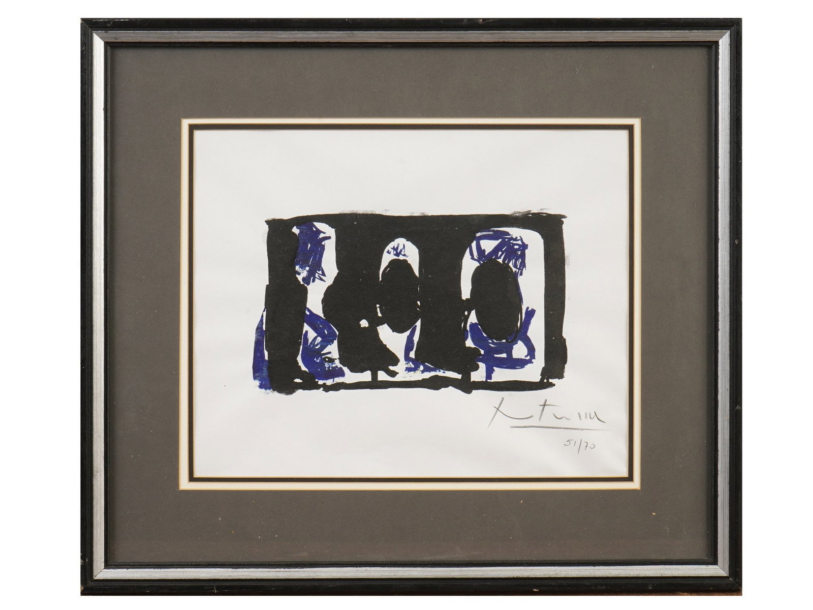 LITHOGRAPH SIGNED ROBERT MOTHERWELL ELEGY STUDY I: A lithograph titled Elegy Study I signed Robert Motherwell, a part of his celebrated Elegies to the Spanish Republic series. The work features the artists iconic abstract vocabulary of bold black