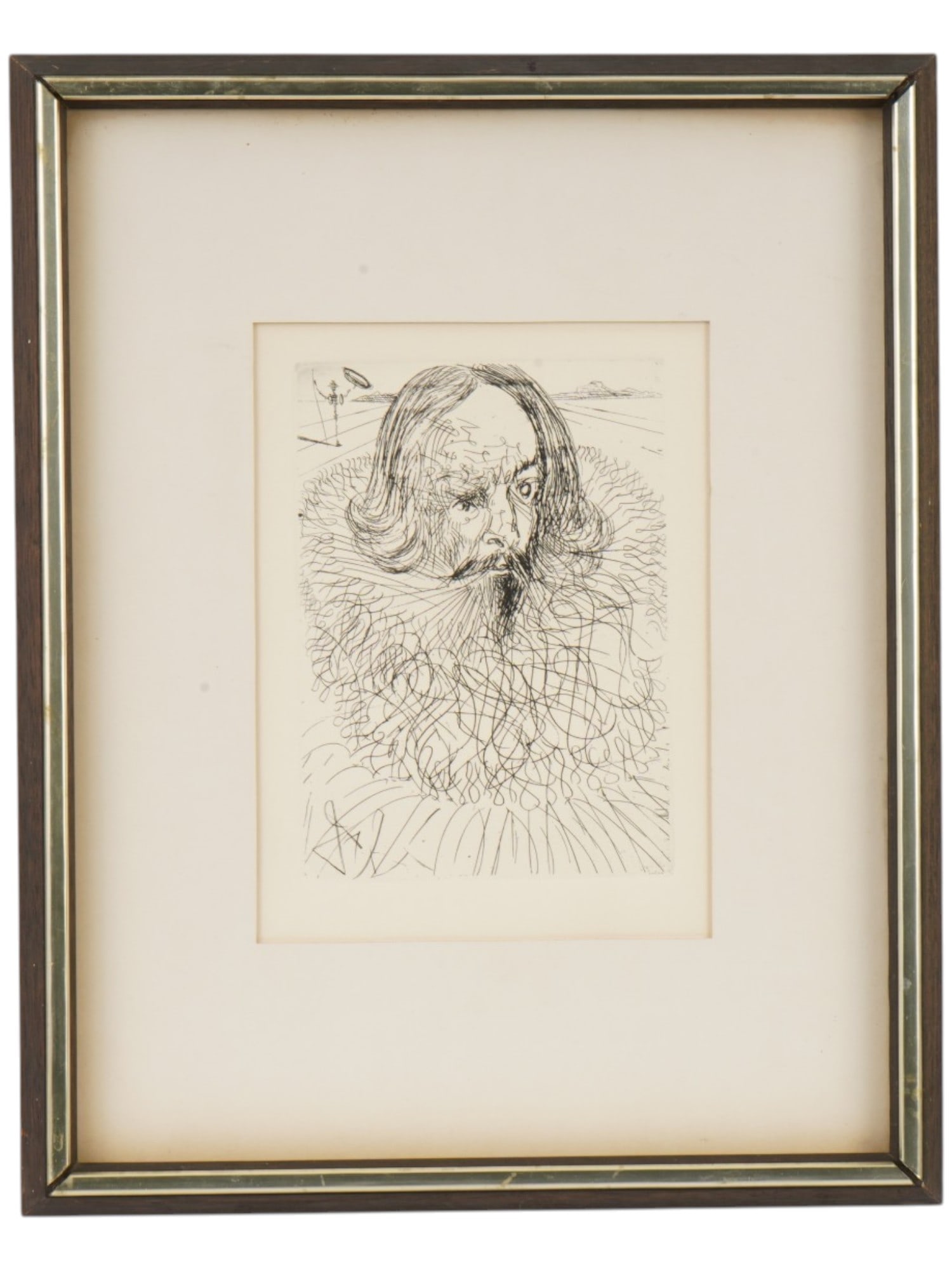 SALVADOR DALI ETCHING CERVANTES SPANISH IMMORTALS: Salvador Dali, Spanish, 1904 to 1989, an etching titled Cervantes and created circa 1965 to 1968. The composition portrays Miguel de Cervantes and belongs to Dalís celebrated Five Spanish Immortals