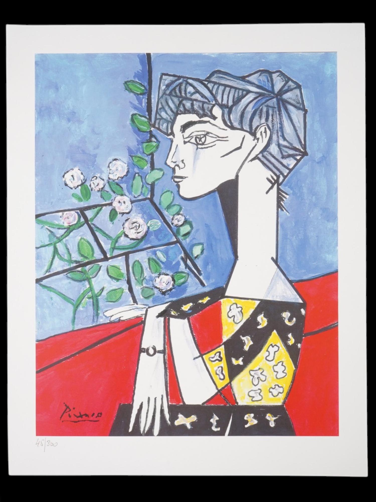 LTD CUBIST COLOR LITHOGRAPH AFTER PABLO PICASSO: A limited edition color lithograph on paper, Jacqueline with Flowers, after Pablo Picasso, Spanish, 1881 to 1973. Signed in the print, lower left. Numbered in pencil, 45 of 300, lower left. Pablo