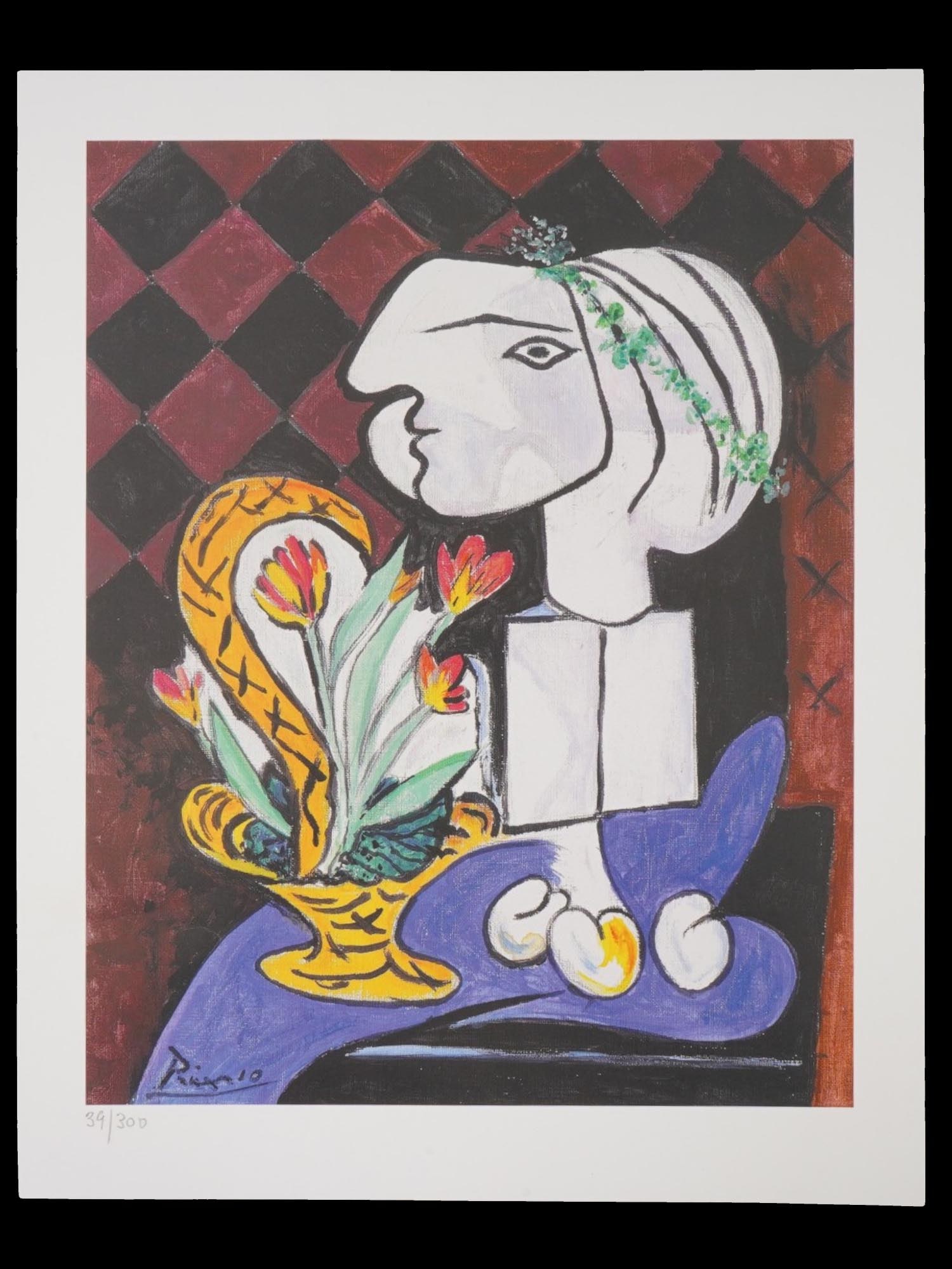 LTD CUBIST COLOR LITHOGRAPH AFTER PABLO PICASSO: A limited edition color lithograph on paper, Still Life Tulips, after Pablo Picasso, Spanish, 1881 to 1973. Signed in the print, lower left. Numbered in pencil, 39 of 300, lower left. Pablo Picasso, r