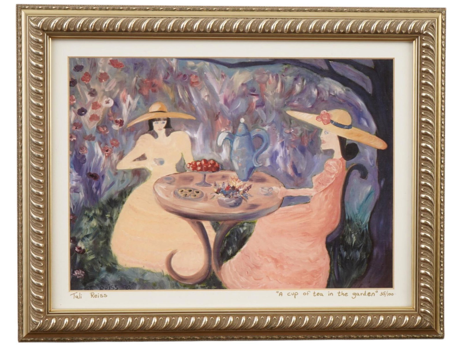 LITHOGRAPH BY TALI REISS A CUP OF TEA IN THE GARDEN: A limited-edition lithograph by Tali Reiss, titled A Cup of Tea in the Garden. Signed lower left, and titled and numbered 35 of 100 lower right. The composition depicts two women in sun hats enjoying