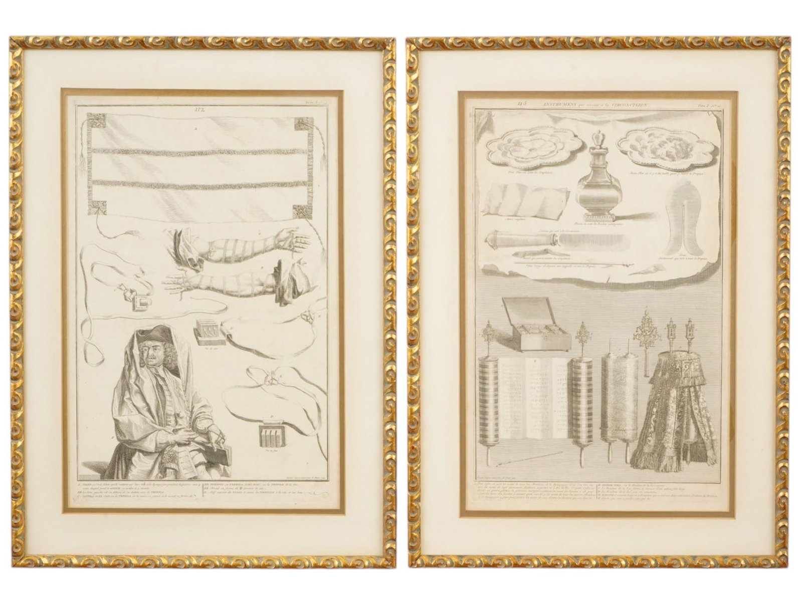 ANTIQUE ETCHINGS BY BERNARD PICART JEWISH MAN IN PRAYER: A pair of antique etchings by Bernard Picart, from his seminal work Ceremonies et coutumes religieuses de tous les peuples du monde, 1723 to 1737. The first depicts a Jewish man in morning prayer,