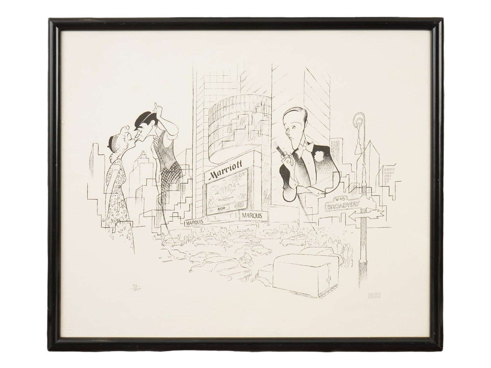LITHOGRAPH BY AL HIRSCHFELD MARRIOTT MARQUIS HOTEL: A lithograph titled 10th Anniversary of the Marriott Marquis Hotel and Theatre, created in 1995 by celebrated American caricaturist Al Hirschfeld. Originally executed in ink on paper and later issued
