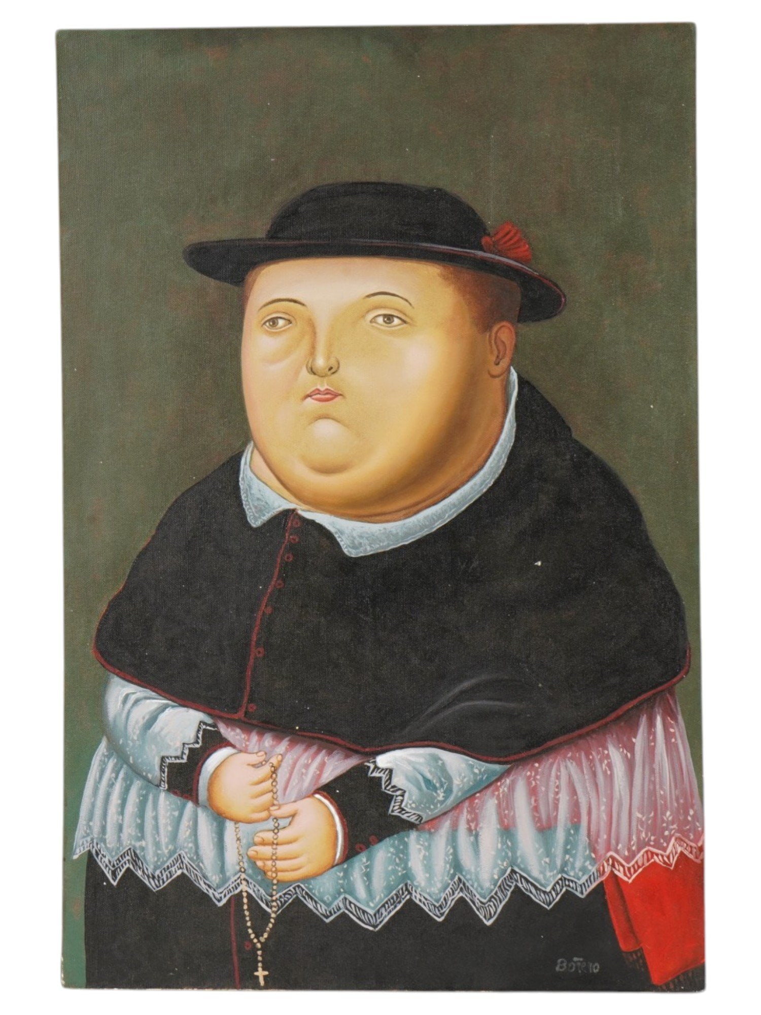 PORTRAIT OIL PAINTING SIGNED FERNANDO BOTERO: An oil painting on canvas depicting portrait of a man. Signed, Botero, lower right. Provenance: The Collection of Mr. and Mrs. Leigh B. Block, Chicago, Illinois. A paper label of Musee d Orsay