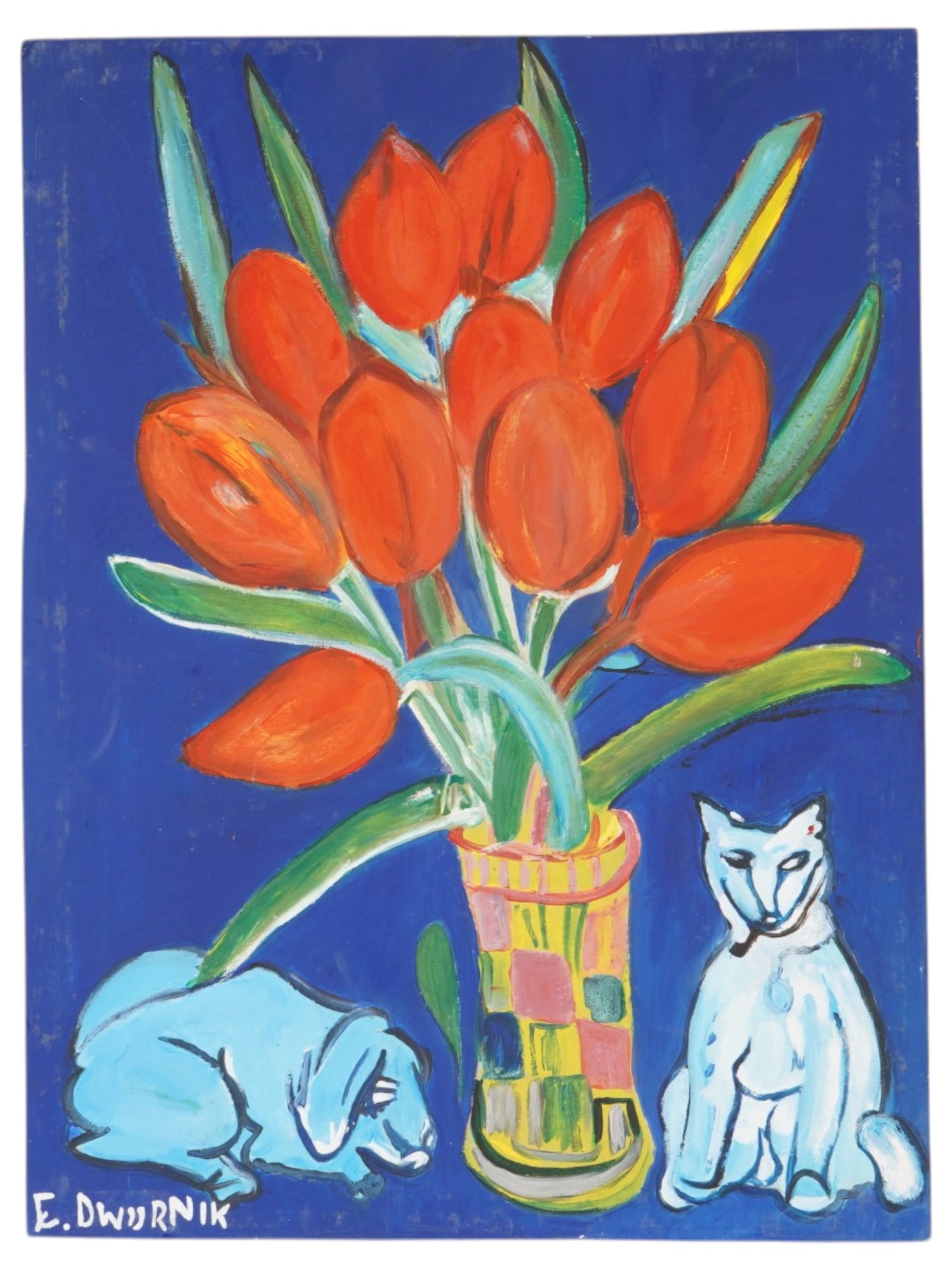 MODERNIST ACRYLIC PAINTING SIGNED EDWARD DWURNIK: An acrylic painting on board depicting a figurative composition with flowers and animals. Signed, E. Dwurnik, lower left. Edward Dwurnik, 1943 to 2018, was one of the most prolific and recognizable