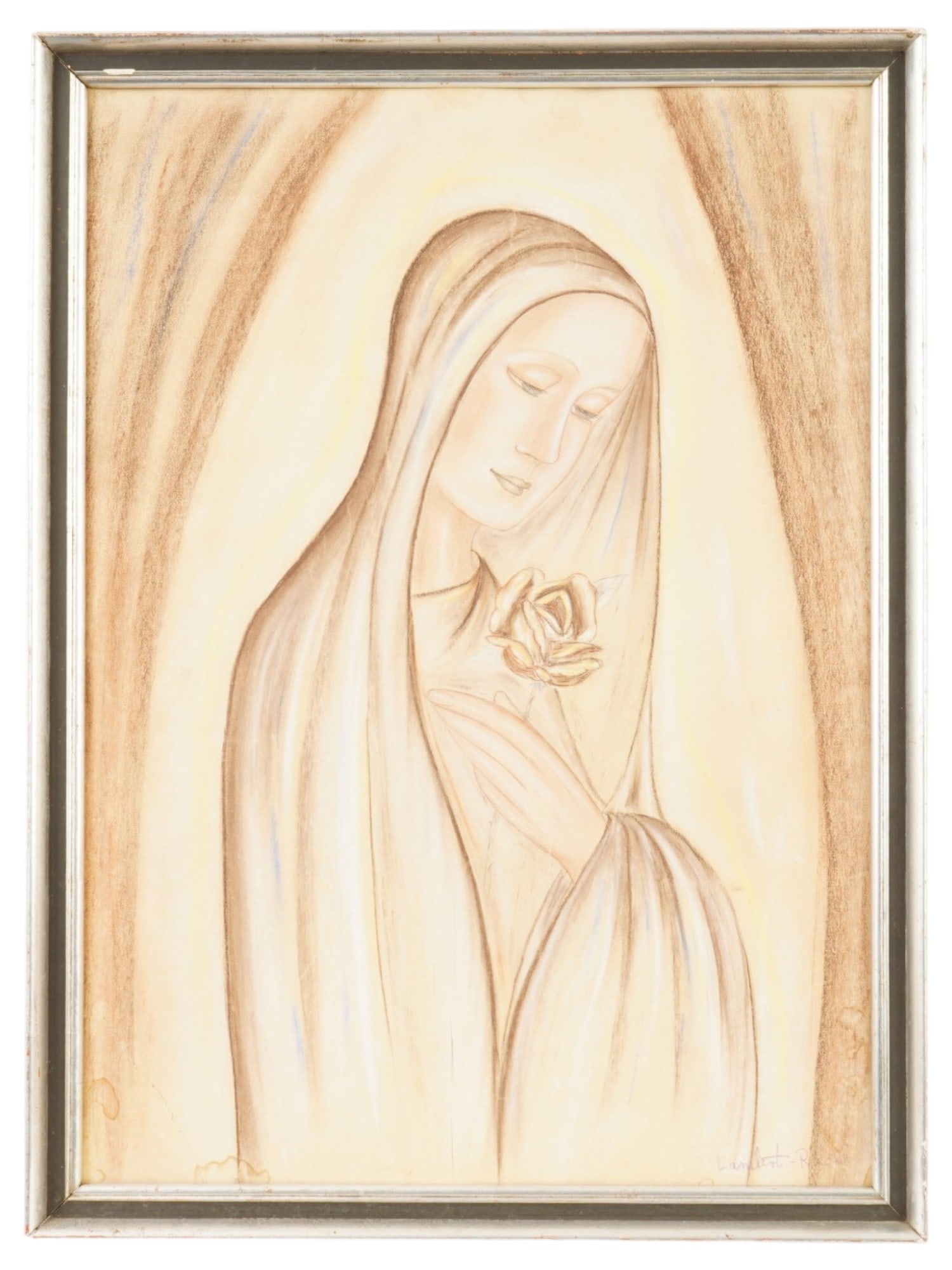 JAN LAMBERT RUCKI POLISH PORTRAIT PASTEL PAINTING: Jan Lambert Rucki, Polish, 1891 to 1975, pastel painting on paper. The work presents a serene female figure rendered with delicate line, muted earthy tones, and subtle chromatic transitions that