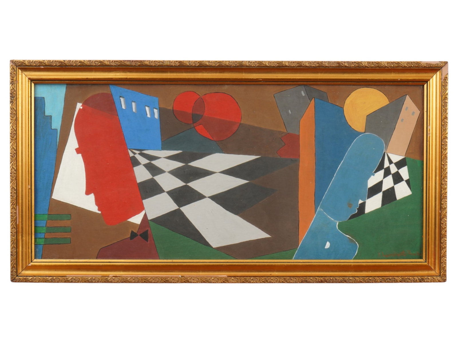 JAN LAMBERT RUCKI POLISH FIGURATIVE OIL PAINTING: Jan Lambert Rucki, Polish, 1891 to 1975, oil painting on board. The work is built through rhythmic geometric planes, strong color contrasts, and an intentionally constructed perspective that creates