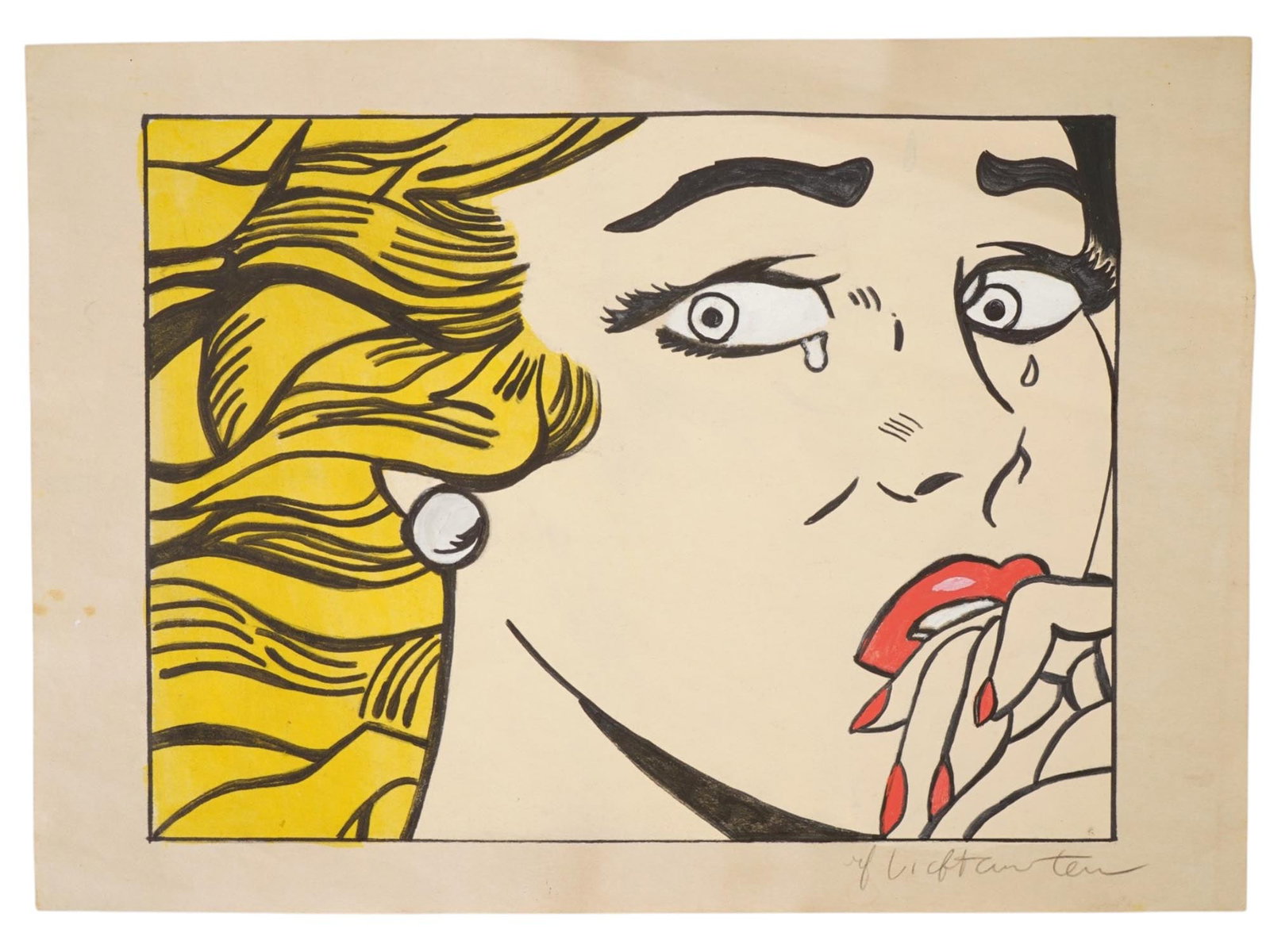 AMERICAN MIXED MEDIA PAINTING AFTER ROY LICHTENSTEIN: A mixed media painting on paper depicting a portrait of a woman after the original artwork, Crying Girl, by Roy Lichtenstein. Inscribed lower right. Stamped on the backside. Roy Lichtenstein,