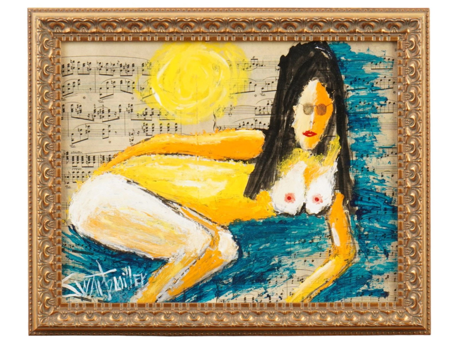 MIX MEDIA ON PAPER NUDE PAINTING BY MIKE SWARTZMILLER: A mixed media on paper nude painting by Mike Swartzmiller. The artwork, titled Sunshine Nude depicts a reclining female figure executed in a high-key palette of yellows and blues, characterized by