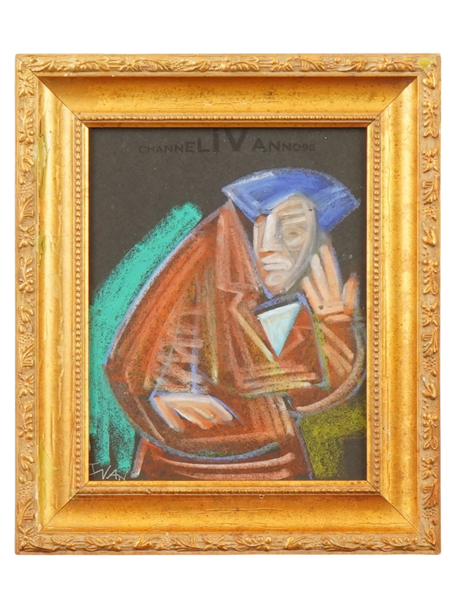 SIGNED IVAN PASTEL ON PAPER PORTRAIT PAINTING: A vintage modernist pastel on paper portrait painting signed Ivan. The painting depicts a stylized male figure in a modernist manner. The composition utilizes a bold palette of burnt orange, teal,