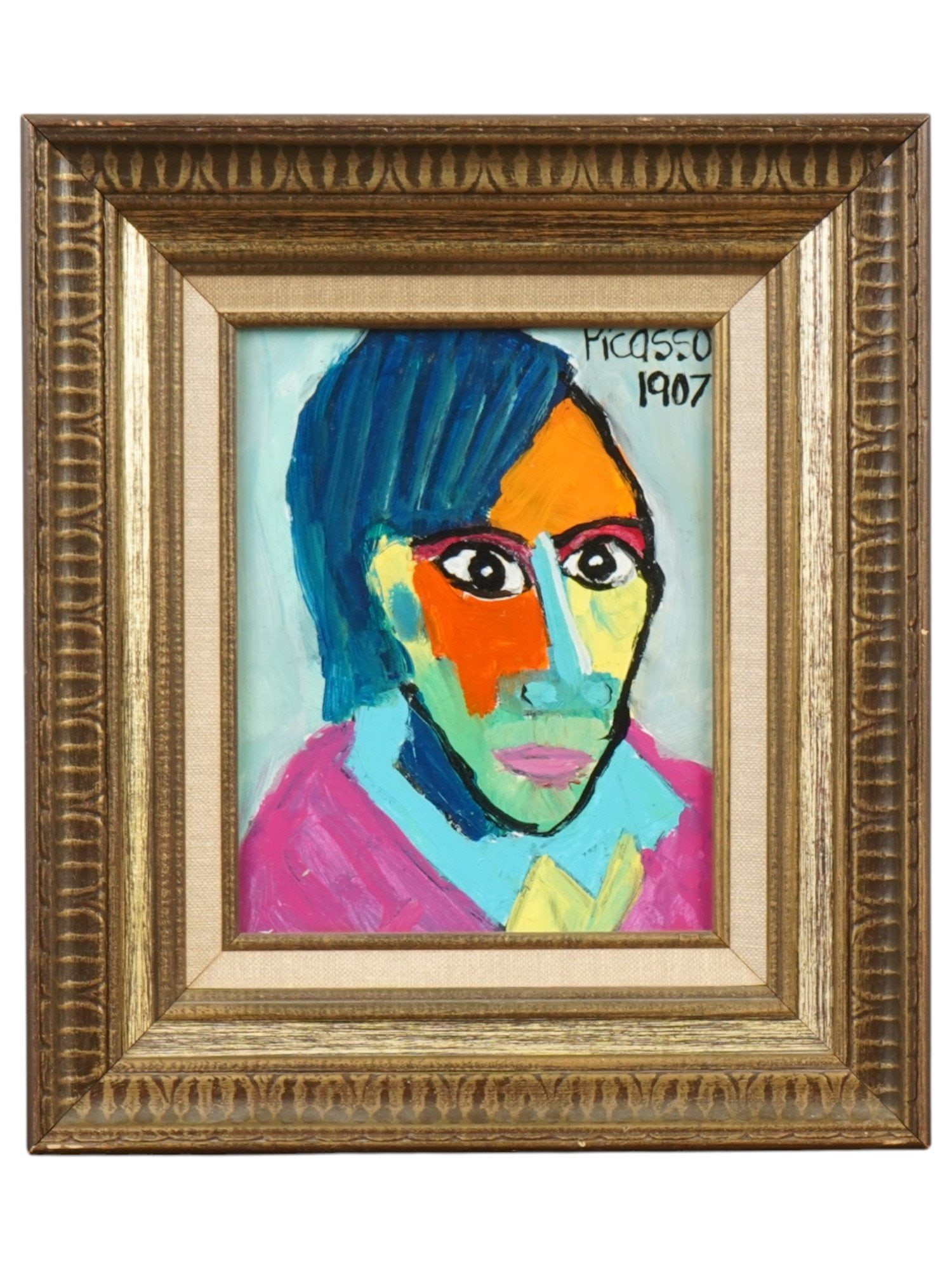 MIKE SWARTZMILLER PORTRAIT PAINTING IN STYLE OF PICASSO: A portrait painting on board by Mike Swartzmiller. Features a male portrait in the style of Pablo Picasso. The composition features a vibrant palette of cerulean, ochre, and magenta, with bold black o