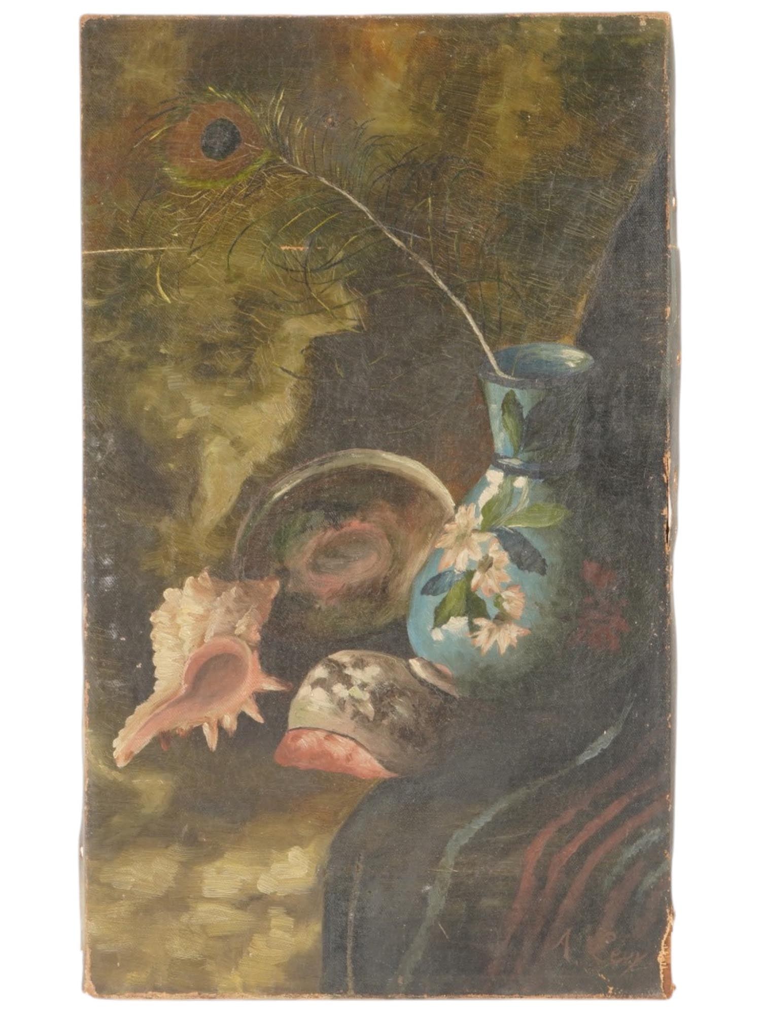 STILL LIFE OIL PAINTING SIGNED A LEVY: An oil on canvas painting depicts a traditional still life arrangement comprising a prominent conch shell, a blue porcelain vase decorated with white blossoms, and a peacock feather. The work is execu