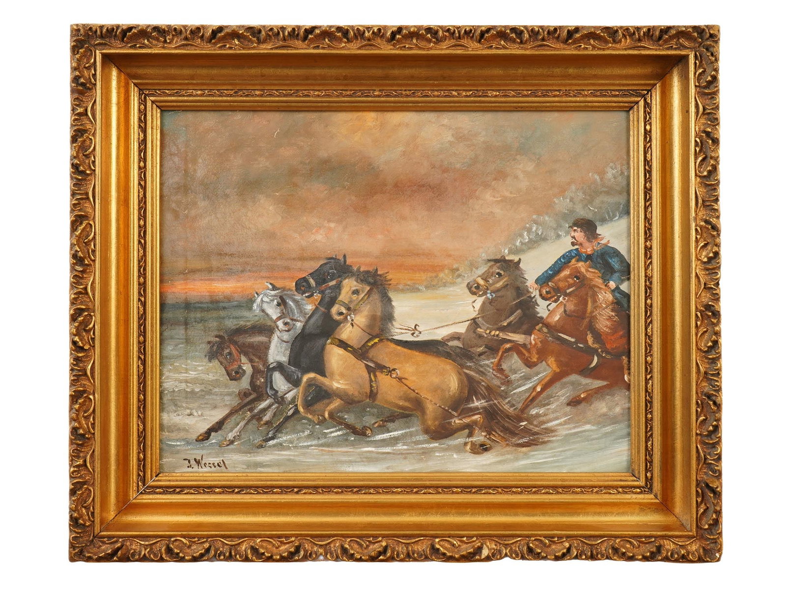 HORSES GENRE SCENE OIL PAINTING SIGNED BY WESSEL (1 of 4)