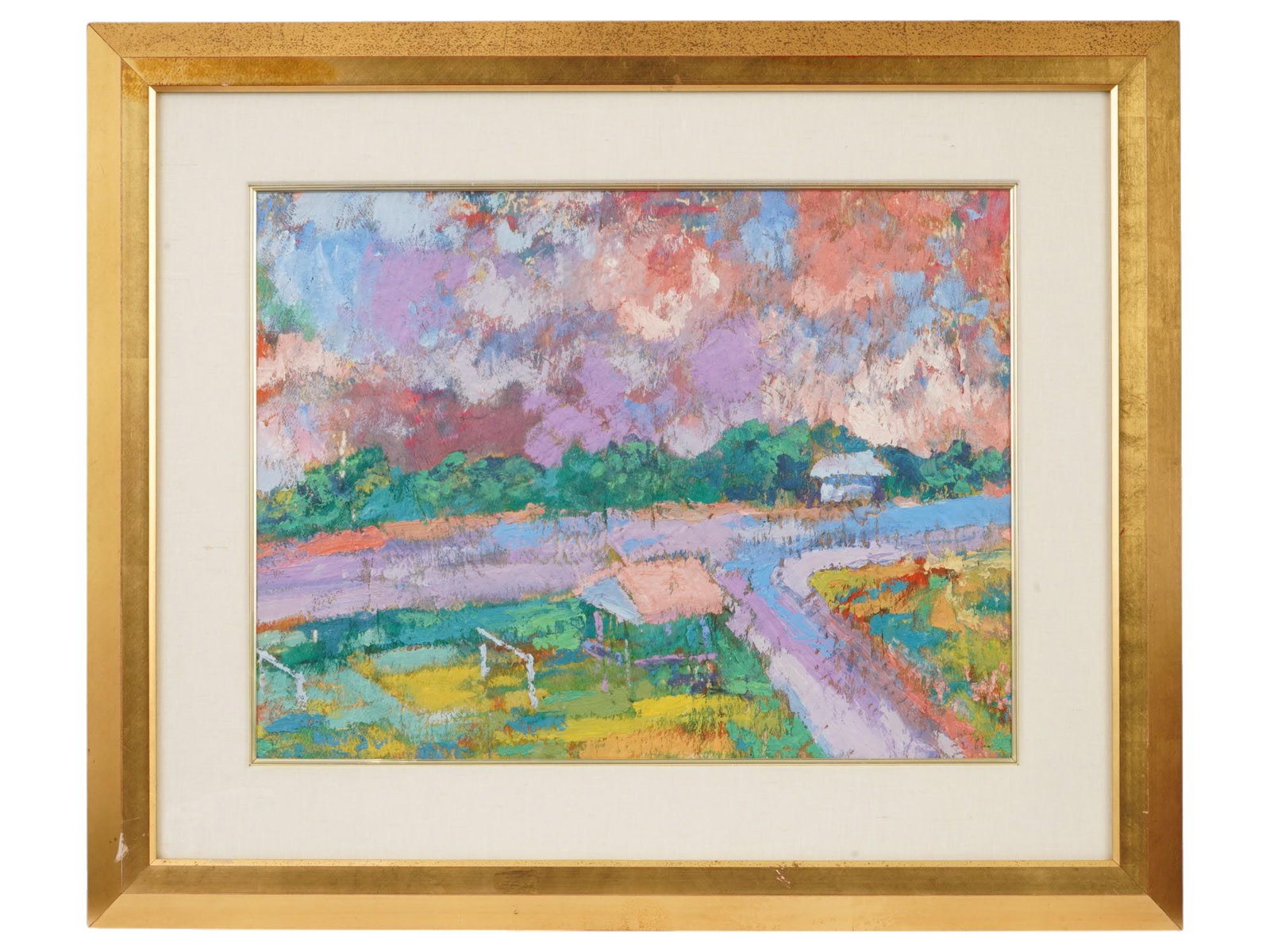 PERUVIAN ACRYLIC PAINTING BY FRANCISCO GRIPPA APPRAISAL: Francisco Grippa, Peruvian, born 1942, an acrylic painting on bark, Amazon Landscape. Signed lower right. Framed. Provenance: Studio Gallery, Burbank. Completed with a Specific Appraisal, William Wall