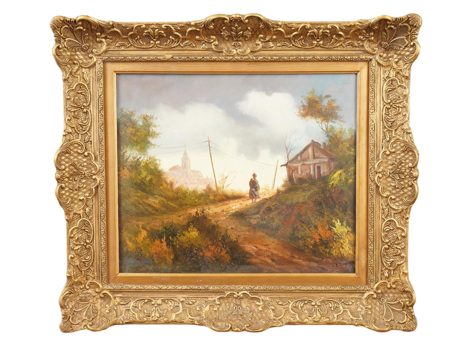 AMERICAN RURAL OIL PAINTING AFTER JASPER CROPSEY: An American oil painting on canvas depicting a rural genre scene after Jasper Francis Cropsey, American, 1823 to 1900. Signed, J. F. Cropsey, lower right. Framed. Jasper Francis Cropsey was an America
