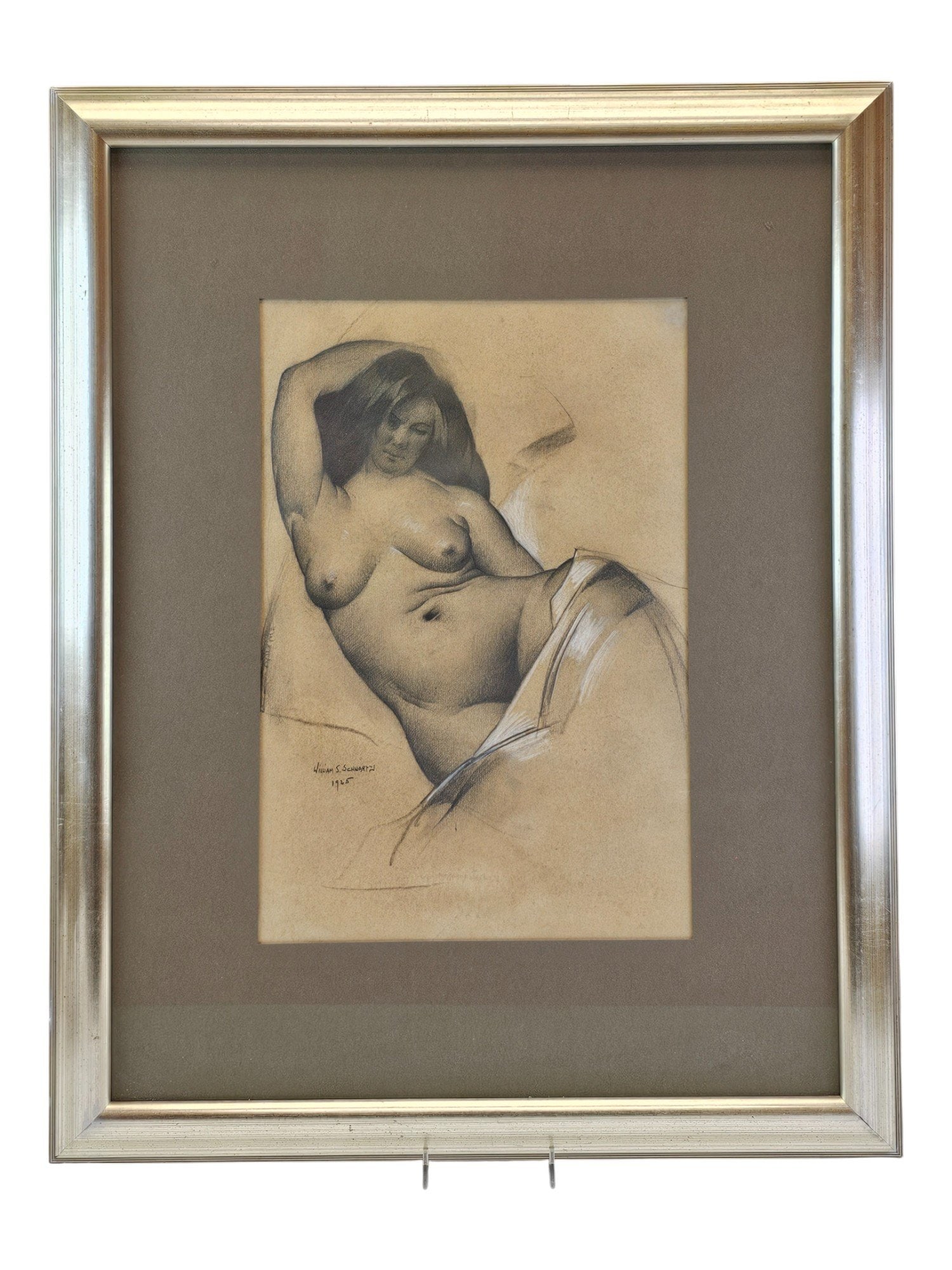 PORTRAIT MIXED MEDIA PAINTING BY WILLIAM SCHWARTZ: William Samuel Schwartz, Russian, American, 1896 to 1977, an original mixed media painting on paper, Reclining Nude, 1925. Signed and dated, lower left. Framed. An old gallery label is on the backside