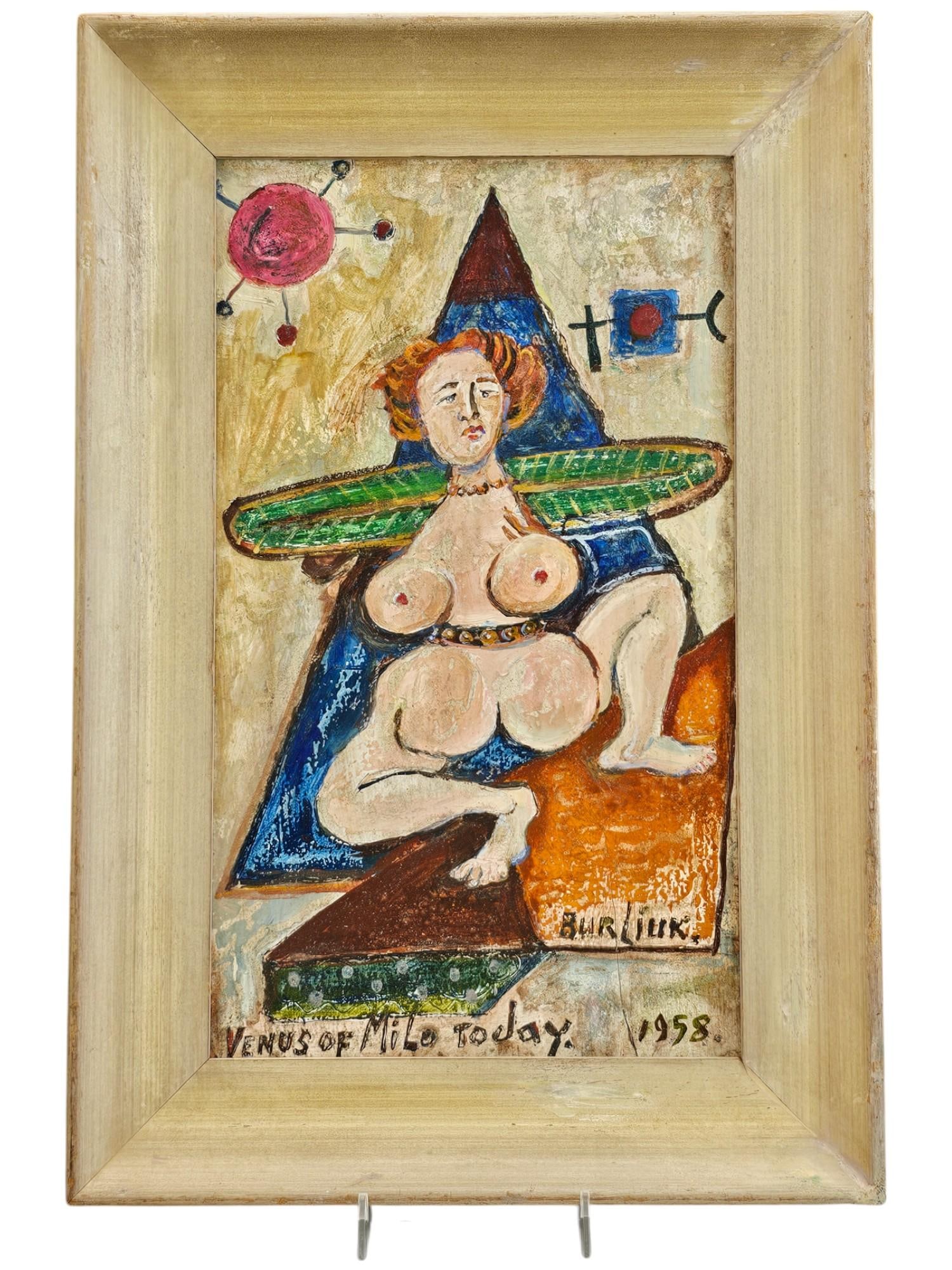 RUSSIAN NUDE VENUS OIL PAINTING BY DAVID BURLIUK: David Burliuk, Ukrainian, Russian, American, 1882 to 1967, oil painting on board, Venus of Milo Today, 1958. Signed and dated lower right. Titled lower left. Framed. David Davidovich Burliuk was an ar