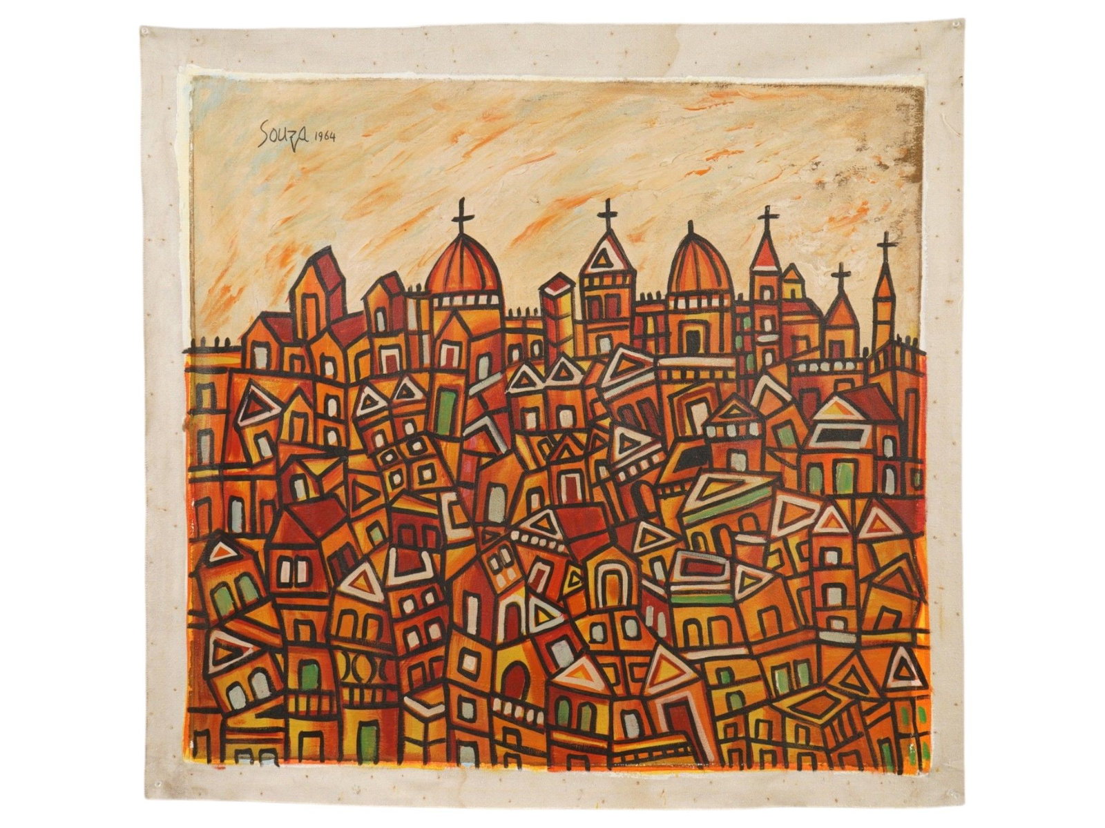 INDIAN TOWNSCAPE ACRYLIC PAINTING SIGNED F N SOUZA: An acrylic painting on canvas depicting a townscape view. Signed, Souza and dated 1964, upper right. Francis Newton Souza, Indian, 1924 to 2002, known as F.N. Souza is one of Indias most important and