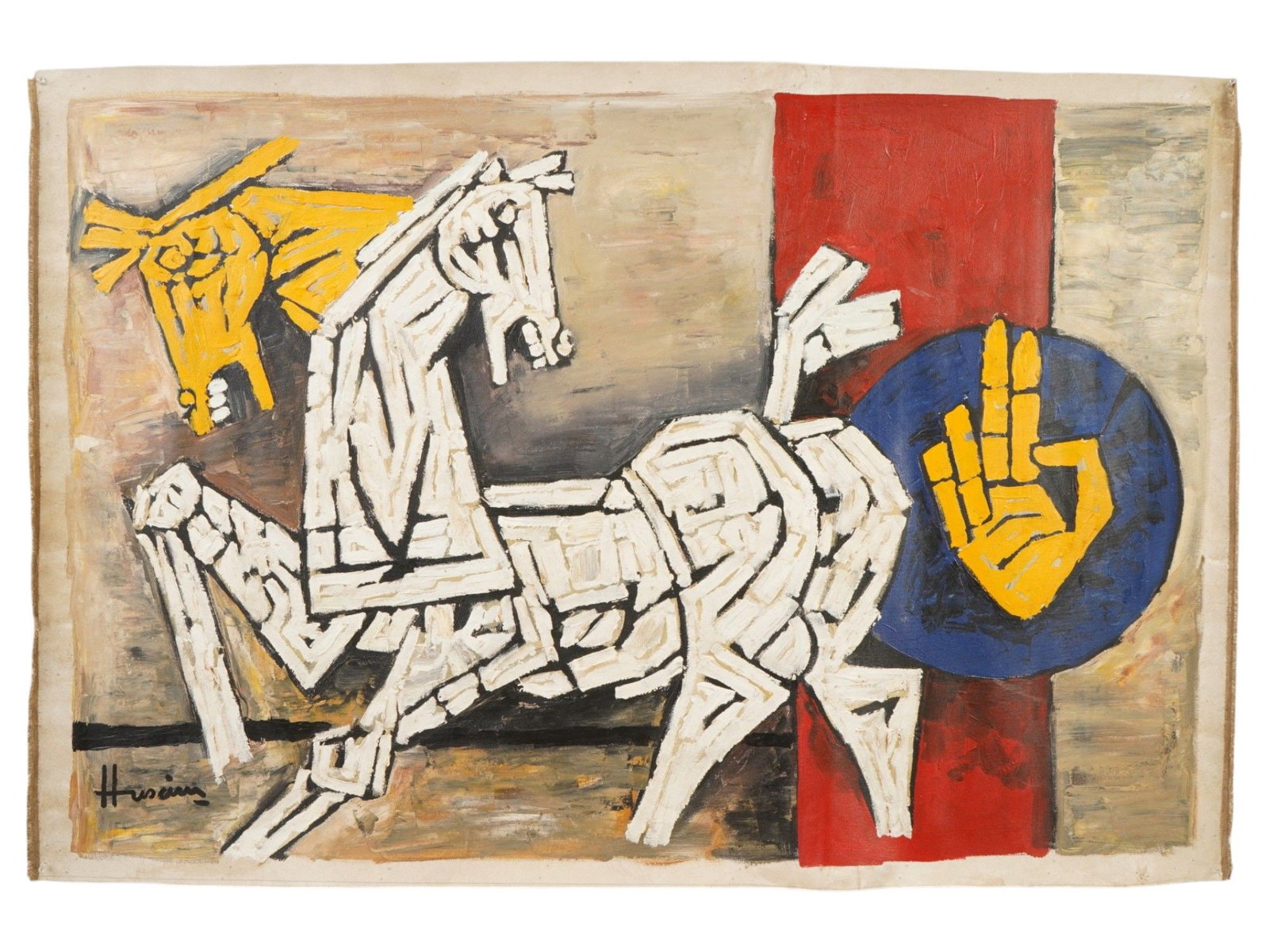 SIGNED MF HUSAIN INDIAN PAINTING HORSES WITH COA: An acrylic on canvas painting, signed Maqbool Fida Husain, Indian, 1915 to 2011. The artwork depicts running horses. Signed in the lower left. Unframed. The artwork comes with a certificate of authent