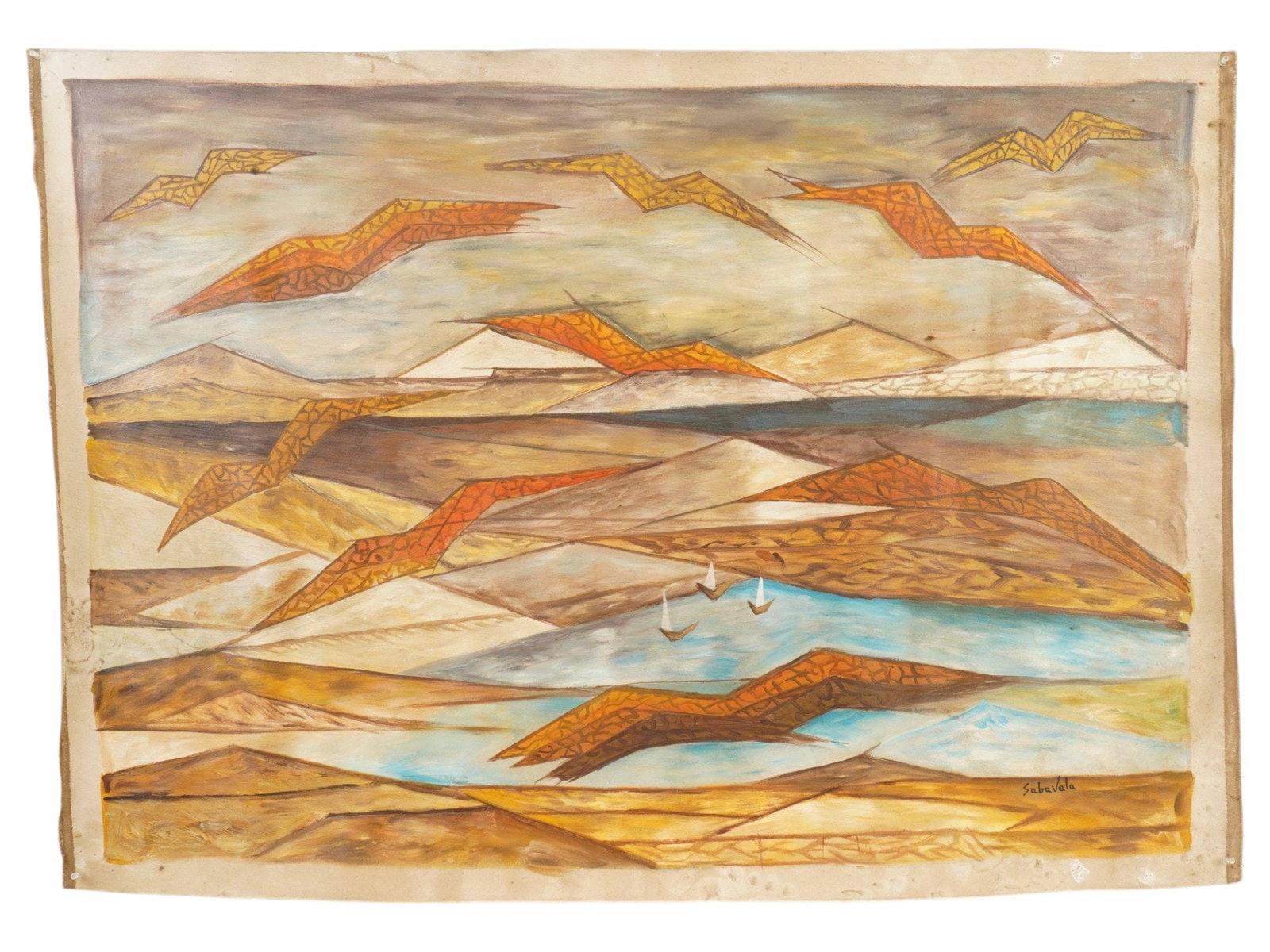 INDIAN MOUNTAIN ACRYLIC PAINTING SIGNED SABAVALA: An acrylic painting on canvas depicting a mountain river landscape. Signed, Sabavala, lower right. Jehangir Sabavala, Indian, French, 1922 to 2011, was an Indian painter. One of Indias most distinguis