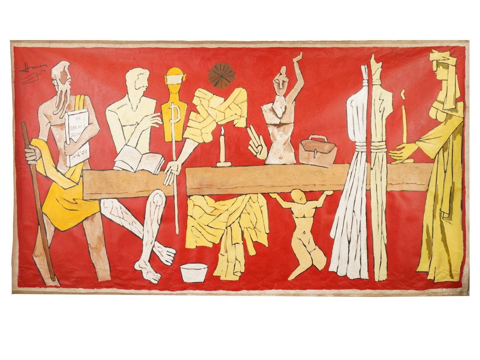 ACRYLIC PAINTING SIGNED MAQBOOL FIDA HUSAIN W COA: A large acrylic on canvas painting signed upper left, Husain. Maqbool Fida Husain, 1915 to 2011, an Indian Modernist artist known for his explorations of Indian culture and the history of the British