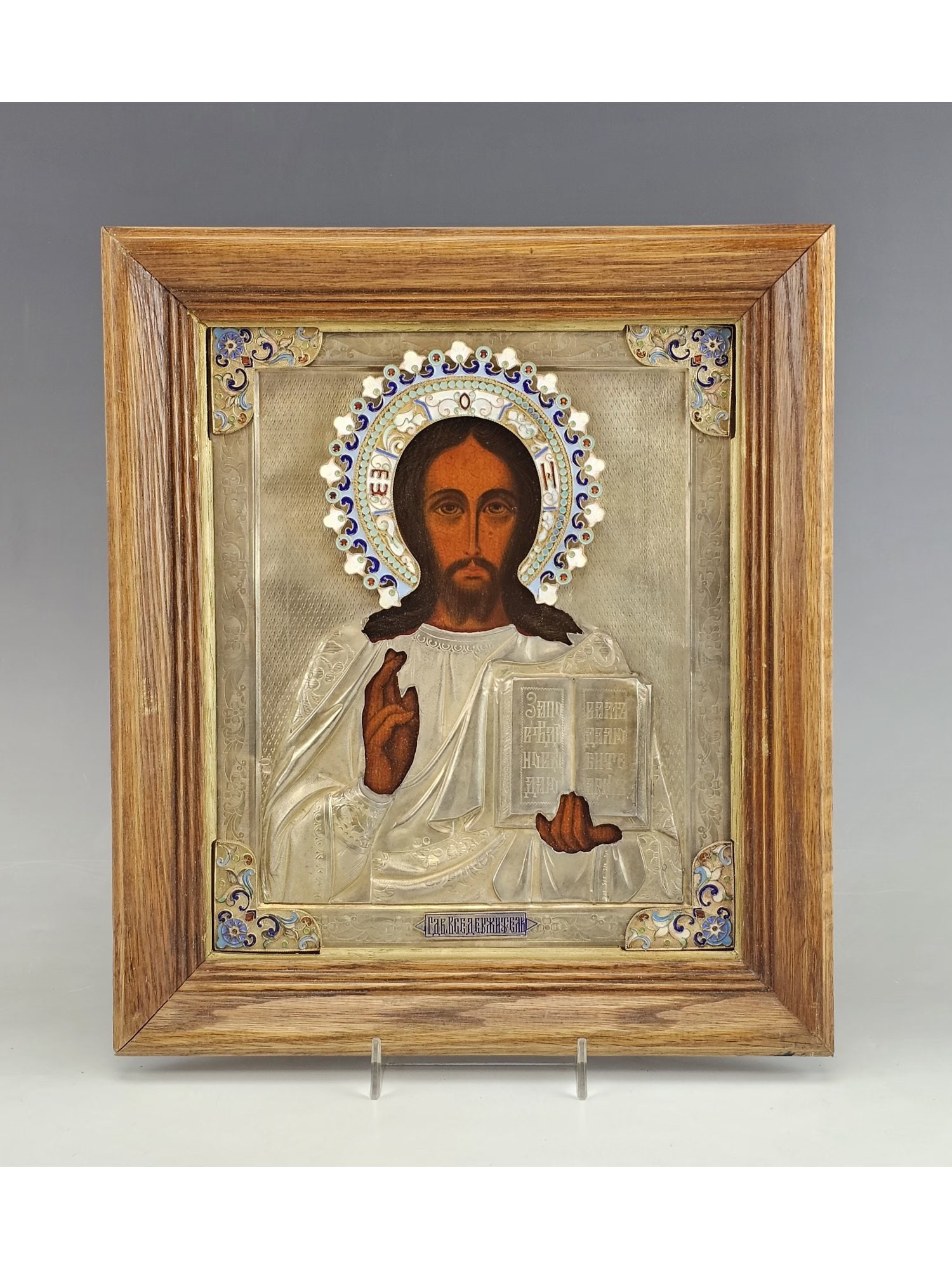 ANTIQUE RUSSIAN ORTHODOX ENAMEL ICON IN SILVER RIZA (1 of 7)