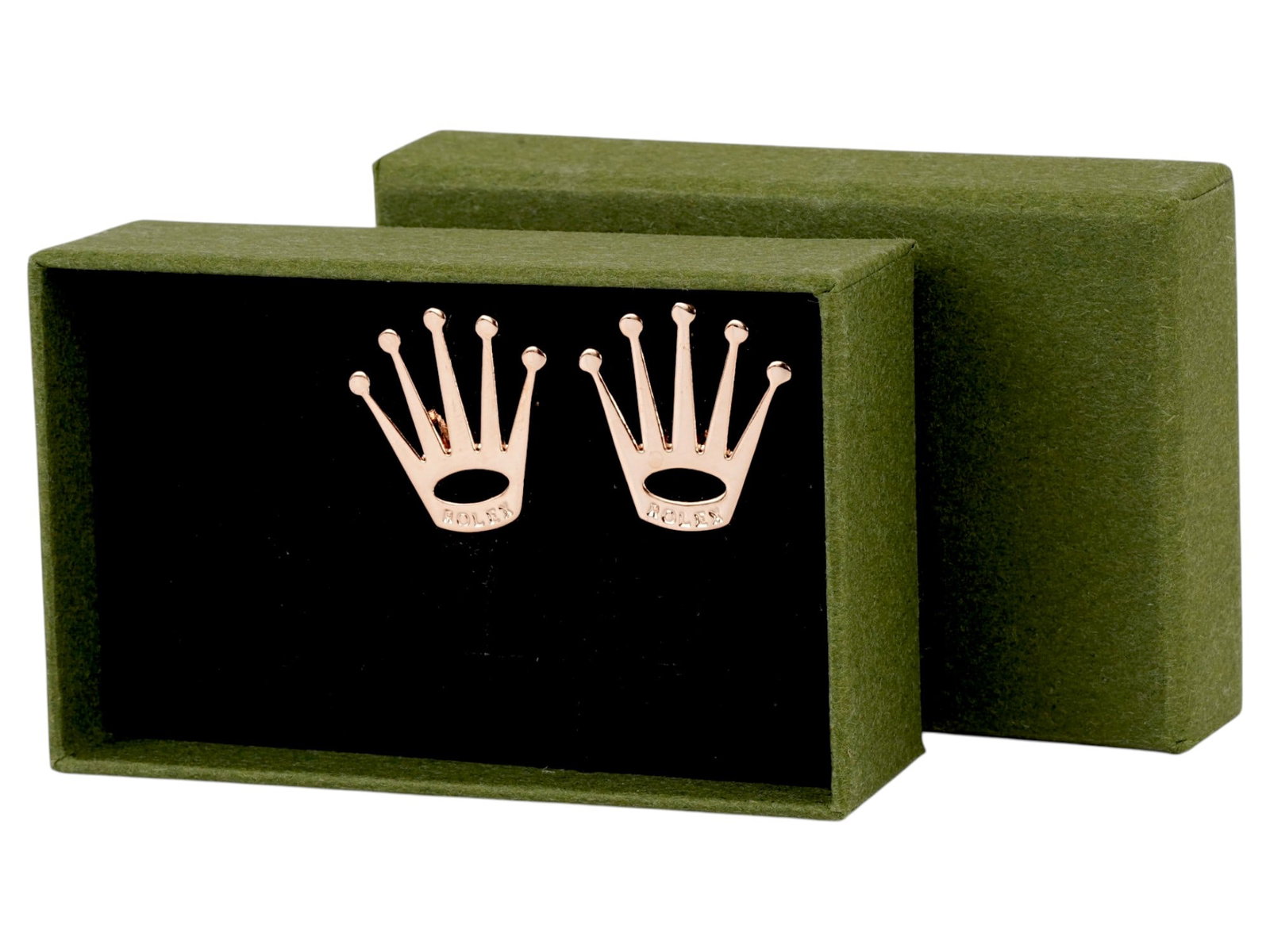 VINTAGE ROLEX GOLD TONED CUFFLINKS: A pair of Rolex whale-back cufflinks. Made of gold-tone metal. Rolex crown design. Marked on the backing. The pieces come in a box. Luxury Jewelry And Accessories For Men. THIS LOT IS ELIGIBLE