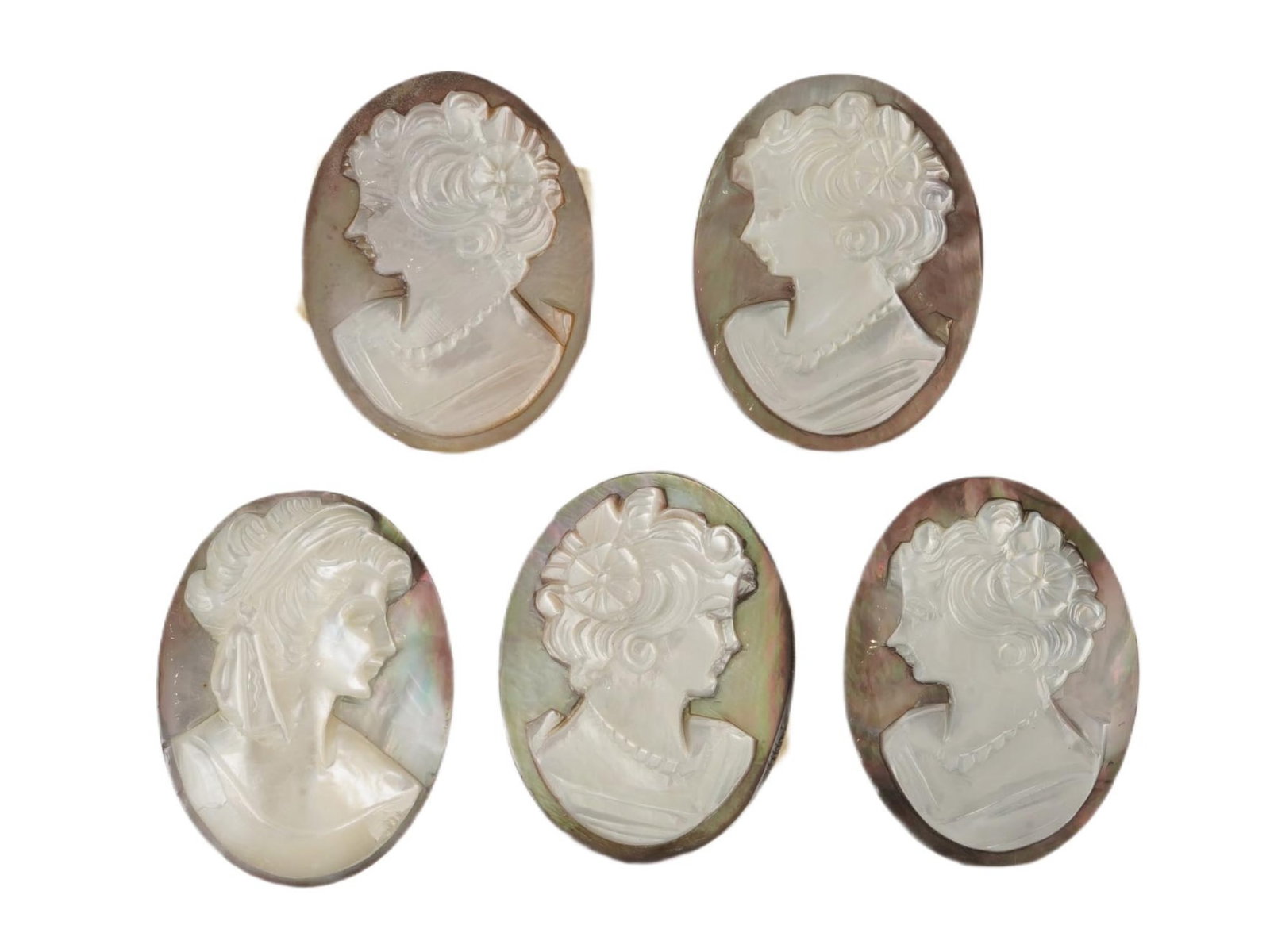 GROUP OF FIVE HAND CARVED SHELL PORTRAIT CAMEOS (1 of 3)