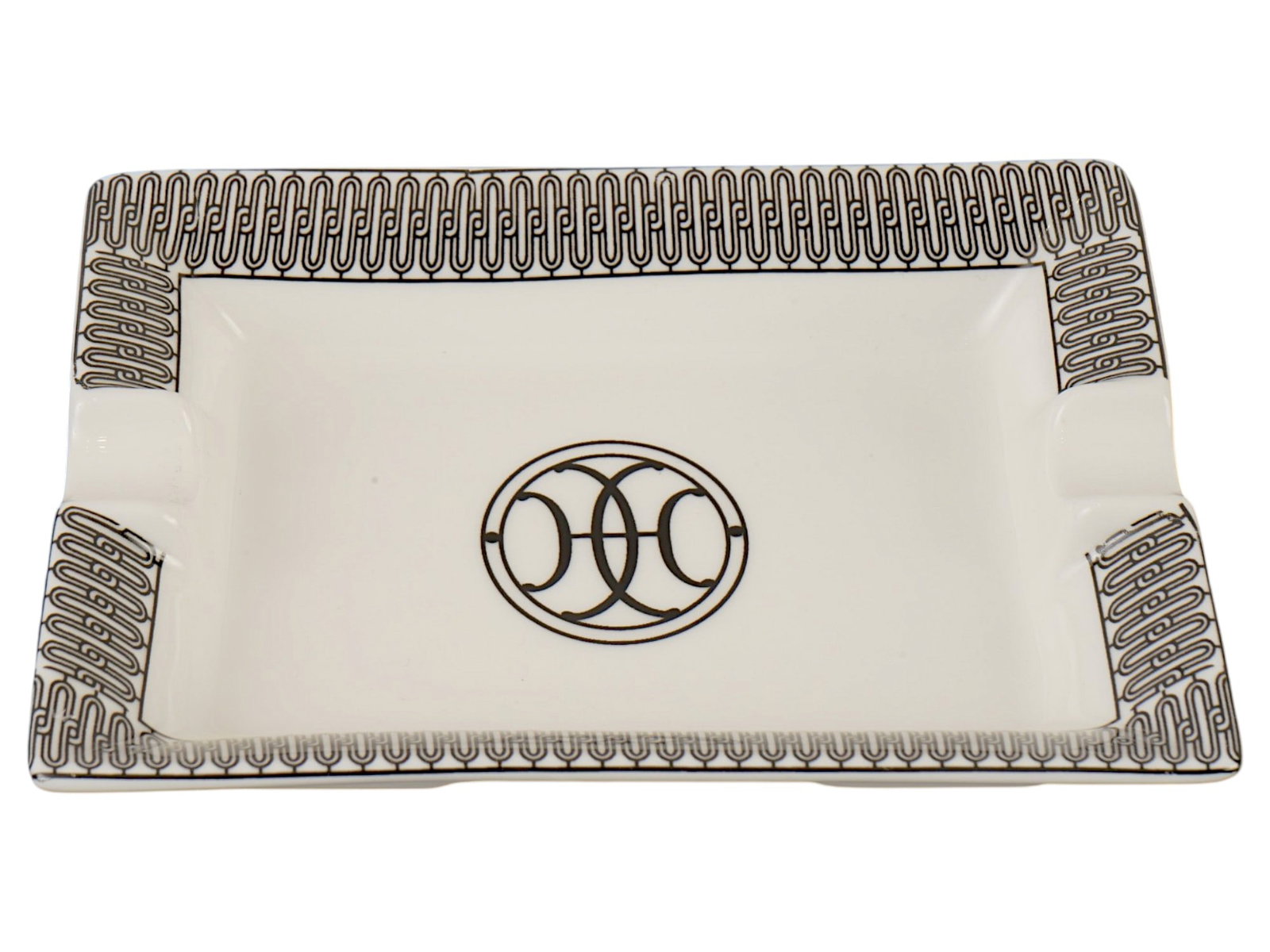 VINTAGE FRENCH HERMES PARIS H DECO PORCELAIN ASHTRAY: A vintage French Hermes Paris H Deco porcelain ashtray. Produced by Hermes as part of the H Deco collection, the design draws inspiration from Art Deco ironwork found in the brands Parisian boutiques.