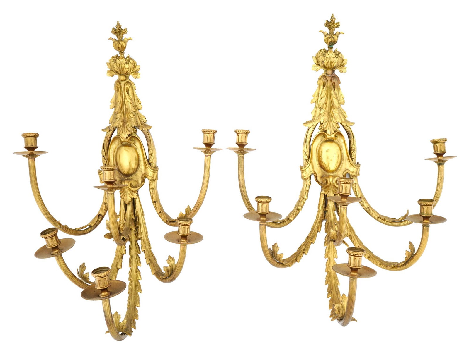 HUGE ANTIQUE GILT BRONZE FOLIAGE WALL SCONCES: Two large 31 inch high antique gilt bronze wall sconces with six lights, adorned with foliage motifs on the arms, representing exquisite examples of period lighting fixtures. These chandeliers date ba