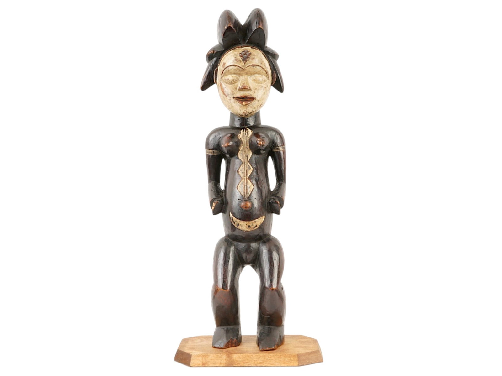 AFRICAN PUNU TRIBE PAINTED WOOD FEMALE EFFIGY FIGURE (1 of 6)