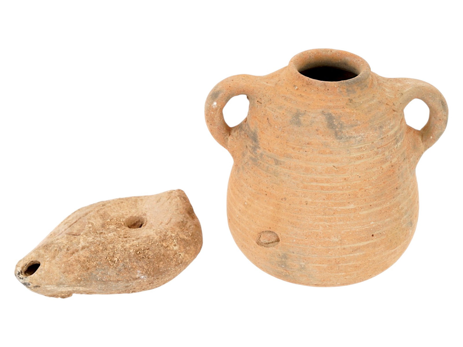 ANCIENT ROMAN TERRACOTTA OIL LAMP AND JAR 100 TO 300 AD (1 of 7)