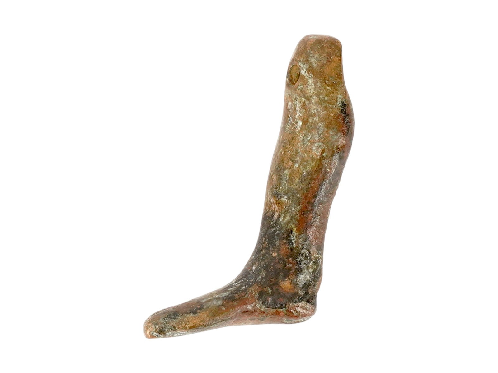 ANCIENT ROMAN EMPIRE VOTIVE BRONZE LEG PENDANT: An Ancient Roman bronze pendant, a leg-shaped votive object. Imperial Rome era, ca. 100 BC to 300 AD. Votive offerings were made at the temple of a healing god such as Asklepios, the Greco-Roman god o