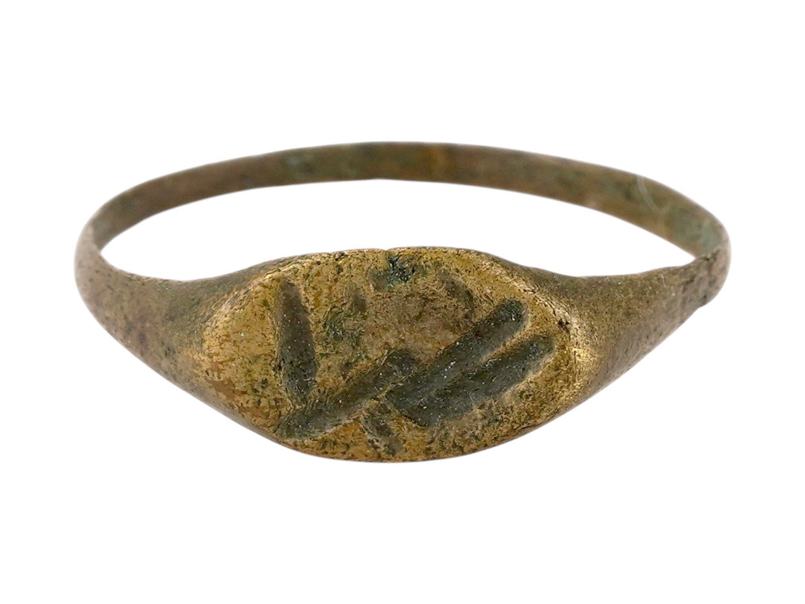 ANCIENT ROMAN BRONZE RING W GODDESS 100 TO 300 AD: An ancient Roman engraved bronze signet ring. The ring features a flat oval bezel with an engraved image of Aphrodite Goddess Circa: 100 to 300 AD. Archaeological and Historical Wares, Bronze Jewelry