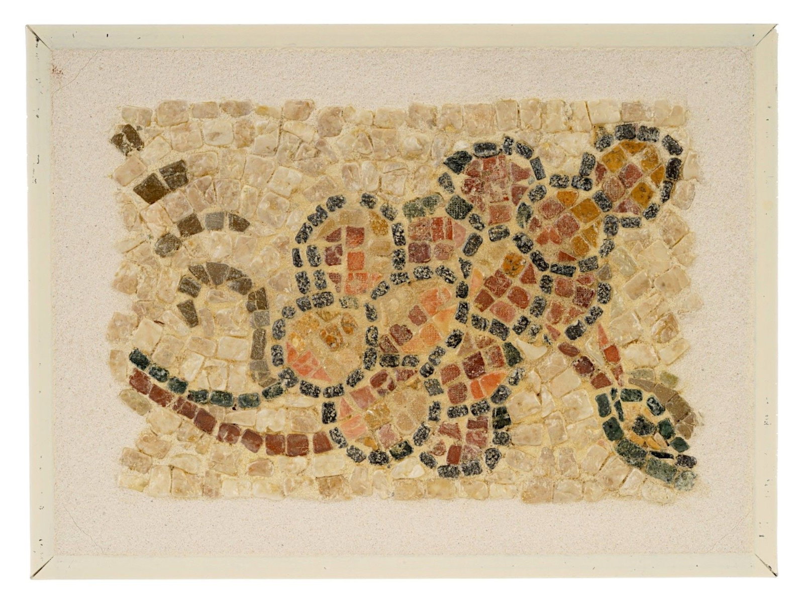 ANCIENT ROMAN GRAPES MOSAIC FRAGMENT 100 TO 300 AD: An ancient Roman mosaic tile or fragment depicting grapes, circa 100 to 300 AD. Composed of multicolored stone tesserae set in mortar, the design reflects classical decorative motifs associated with R