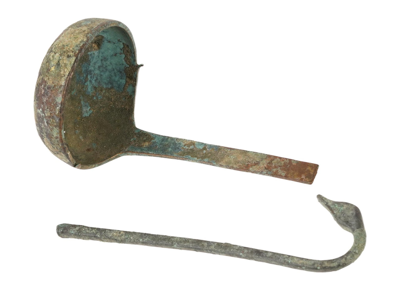 ANCIENT ROMAN BRONZE LADLE CIRCA 100 TO 300 AD: An ancient Roman bronze ladle in two parts. Circa: 100 to 300 AD. The ladle has a deep bowl and a vertical handle, the top of which is modeled in the shape of a birds head on a long neck, a duck or a