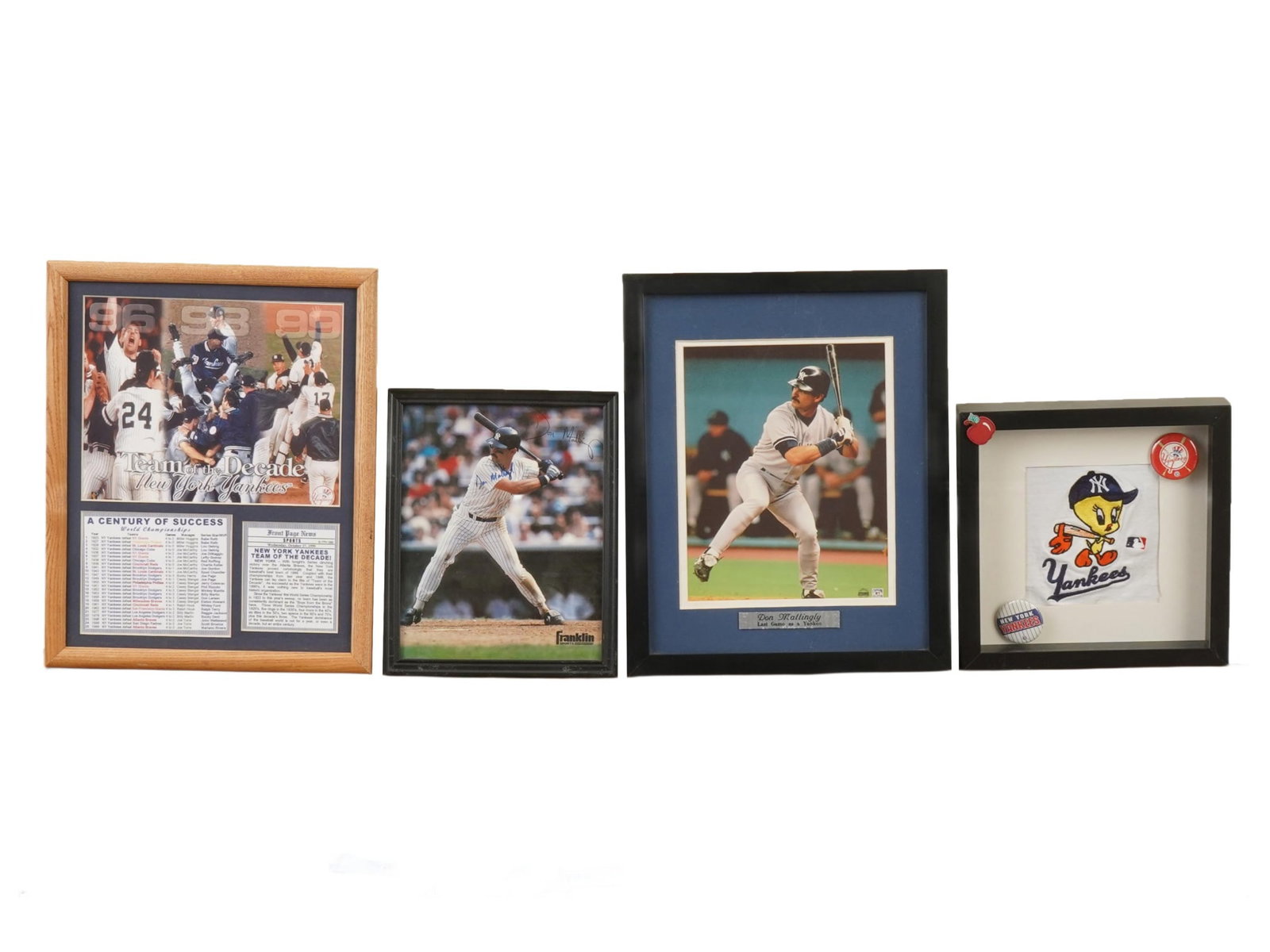 COLLECTION OF NEW YORK YANKEES BASEBALL MEMORABILIA: A collection of New York Yankees baseball memorabilia, comprising framed items and photo displays celebrating the teams legacy. The group includes framed photographs of former Yankees star Don