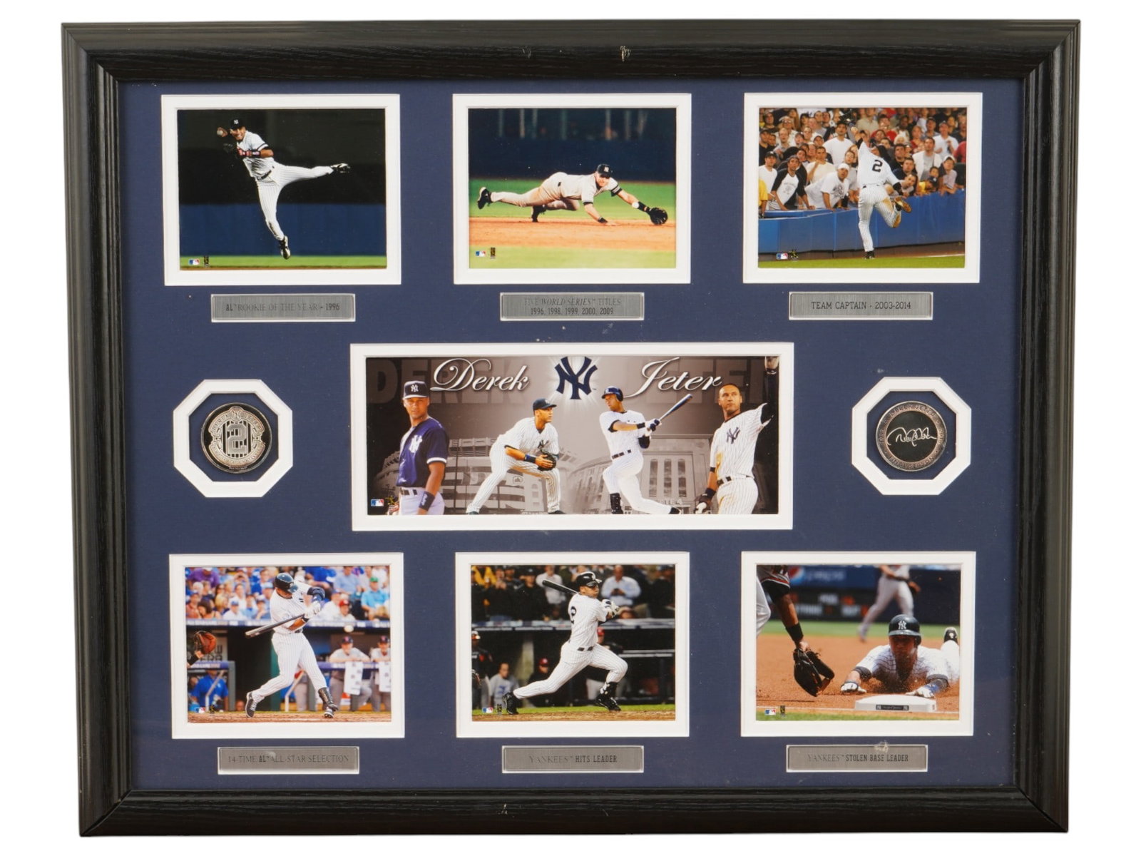 DEREK JETER CAREER IN PHOTOS MLB FRAMED MEMORABILIA: This professional framed display, titled "A Career in Photos," honors the legendary tenure of Derek Jeter with the New York Yankees. The piece is MLB authenticated and features a collection of iconic