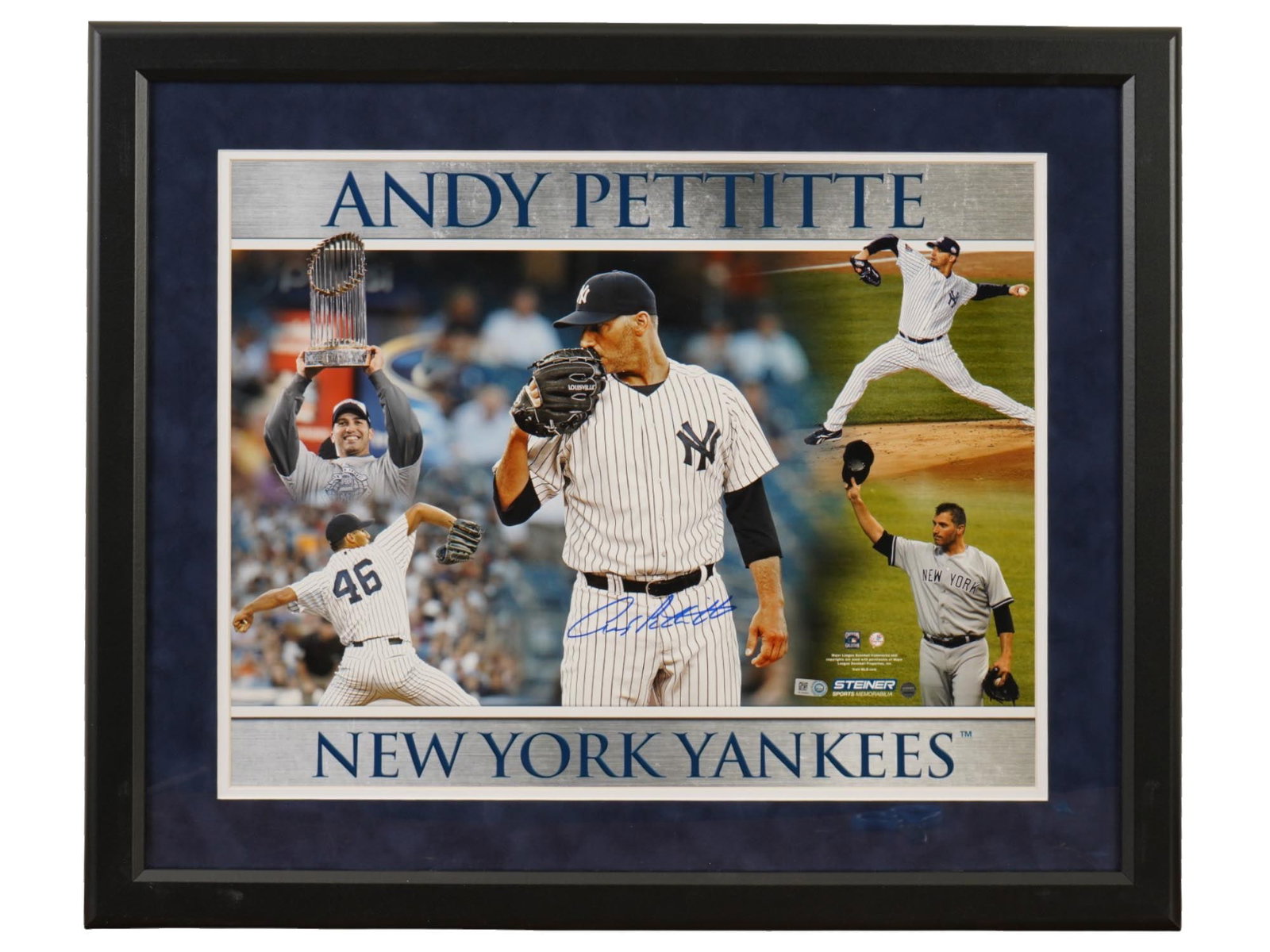 ANDY PETTITTE SIGNED 5-PHOTO COLLAGE STEINER: This Danbury Mint exclusive features a 16x20 signed image of New York Yankees pitching great Andy Pettitte. Authenticated by Steiner Sports and the MLB Authentication Program, the five-photo collage