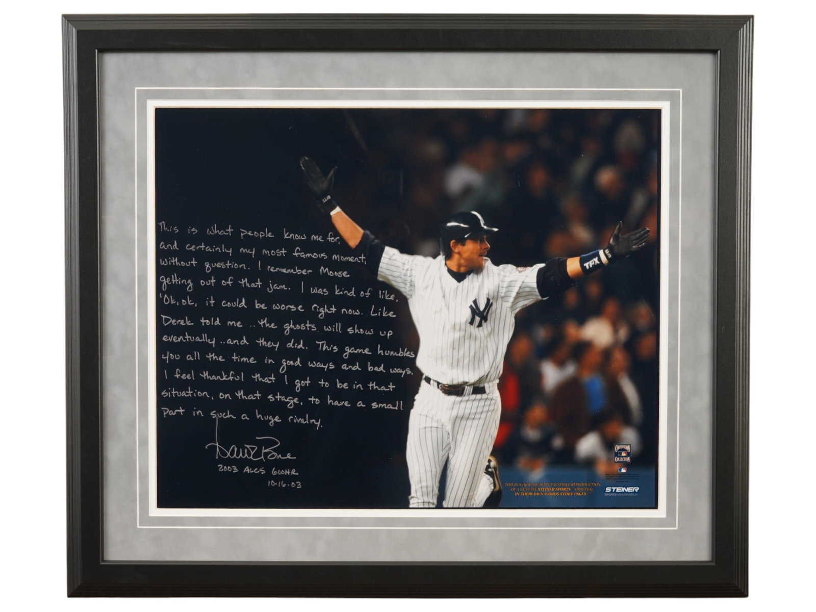 AARON BOONE IN THEIR OWN WORDS SIGNED PRINT: This Steiner Sports "In Their Own Words" framed print features the autograph of Aaron Boone, detailing his legendary 2003 ALCS game-winning home run. It is a high-quality reproduction of Boone's