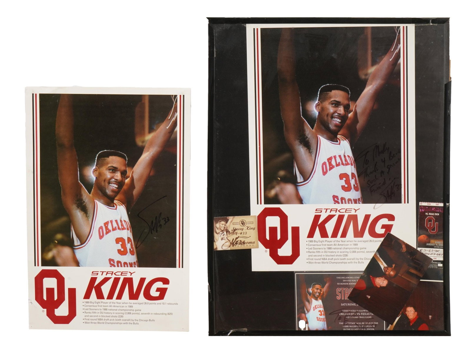 VINTAGE AUTOGRAPHED BASKETBALL STACEY KING MEMORABILIA: Two pieces of vintage autographed college basketball memorabilia from Stacey King, celebrating his standout career with the Oklahoma Sooners, with one piece presented framed. King was a consensus Firs