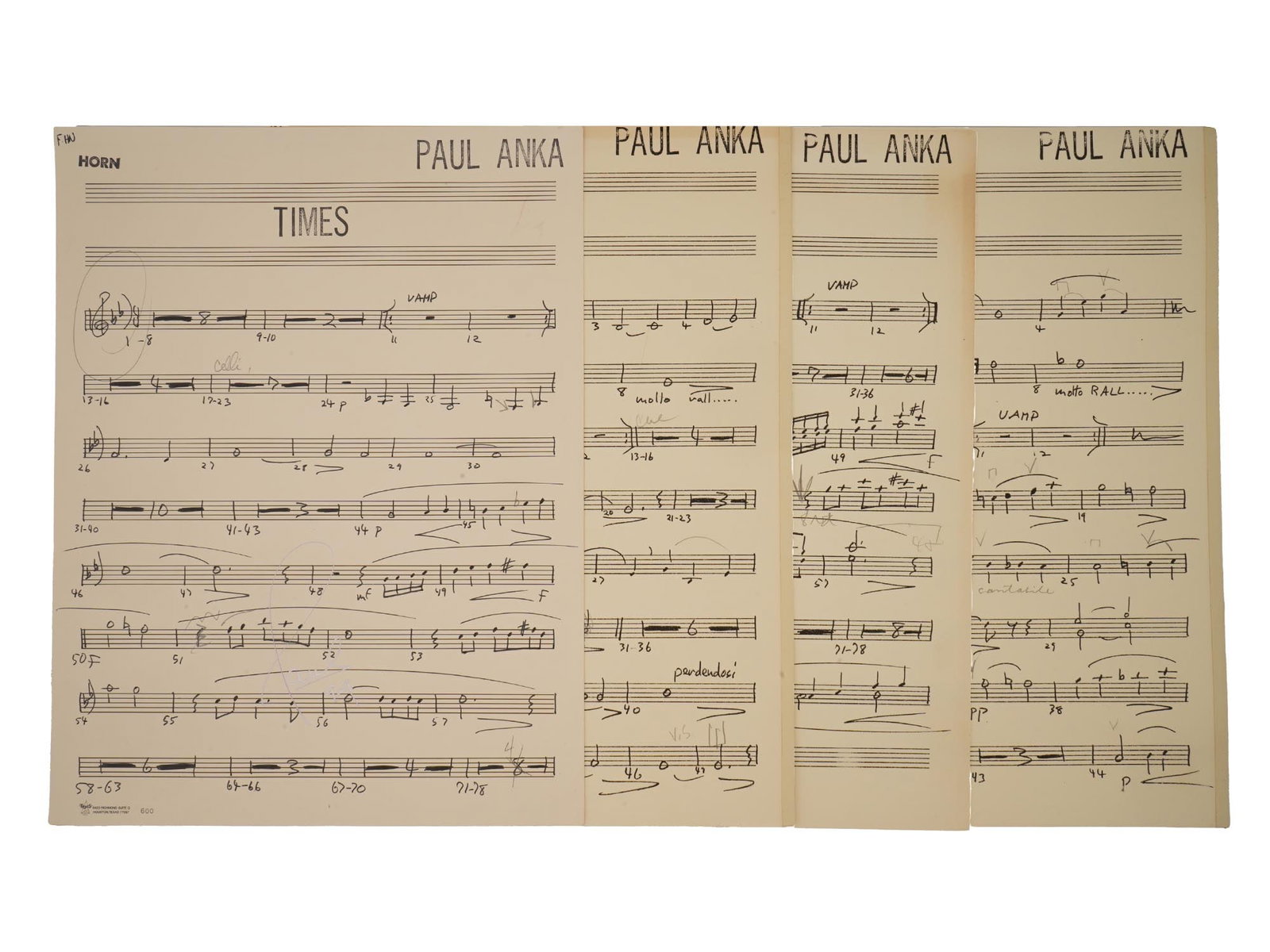 TIMES BY PAUL ANKA SONG MUSIC MANUSCRIPT PARTS (1 of 5)