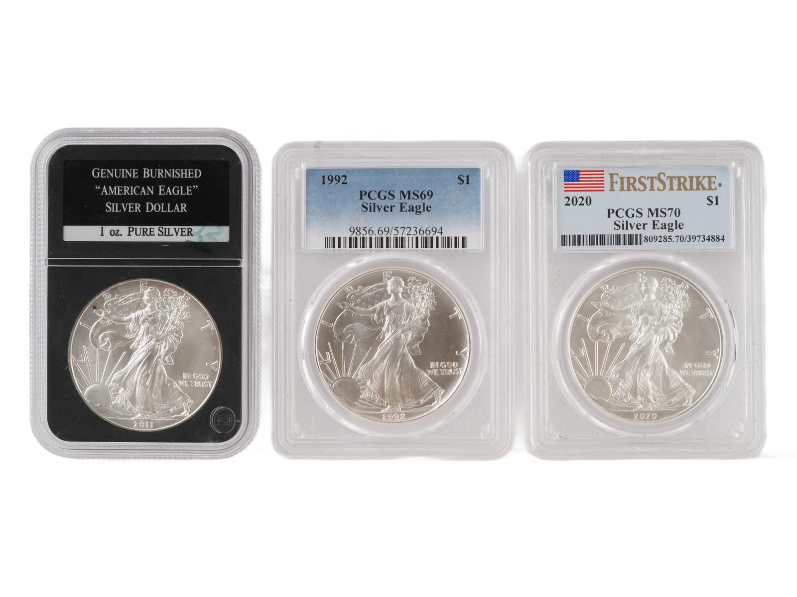 THREE GRADED AMERICAN SILVER EAGLE BULLION COINS (1 of 3)