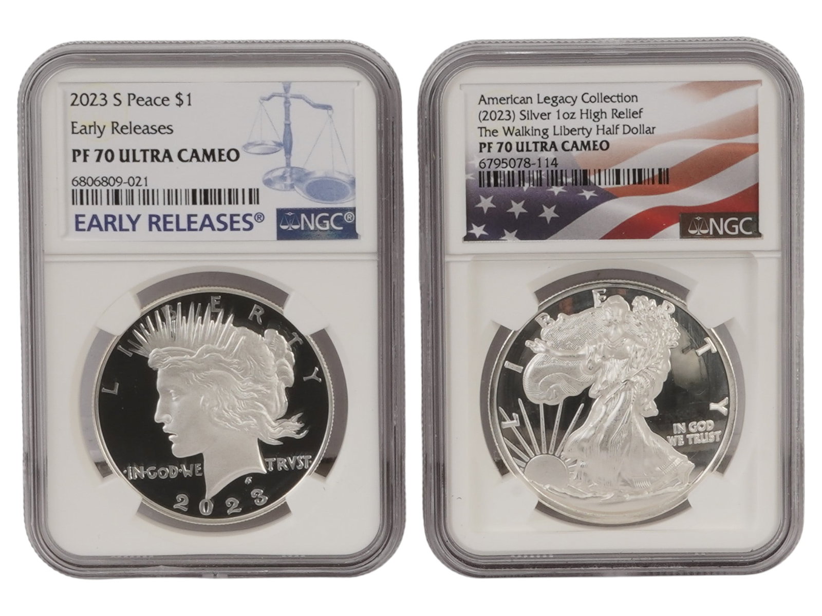 2023 US SILVER COINS PF 70 ULTRA CAMEO GRADED BY NGC: A lot of two 2023 United States Silver Coins, certified PF 70 Ultra Cameo graded by NGC, each in its own protective case. The first: a 2023 Proof Peace Dollar Early Releases, minted at the San Francis
