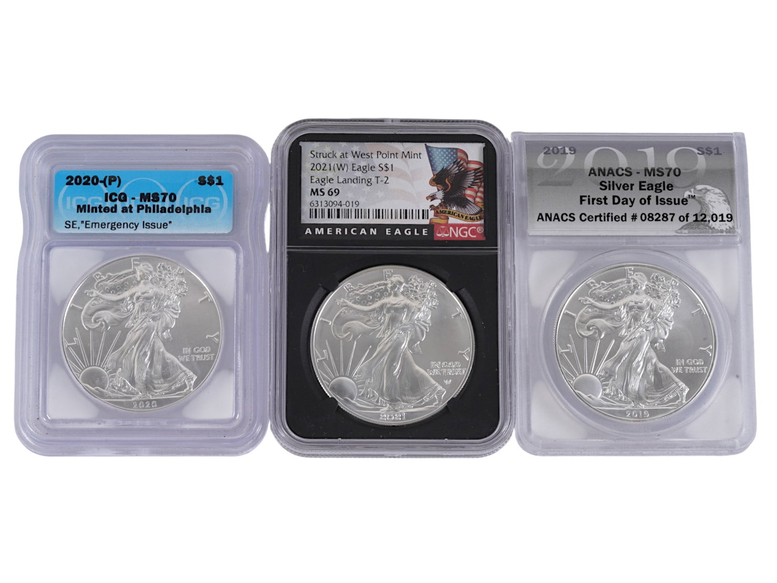 3 GRADED AMERICAN SILVER EAGLE COINS 2019 TO 2021 (1 of 2)