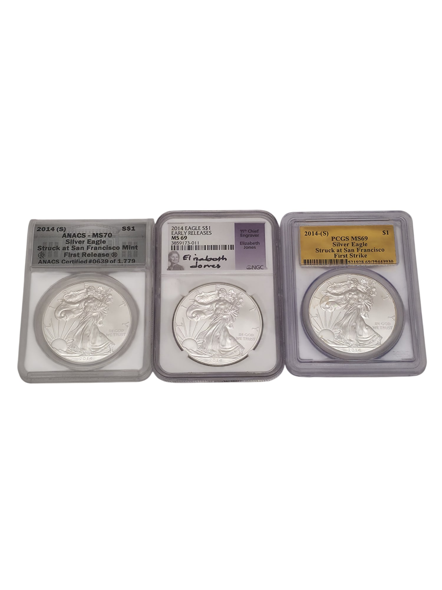 THREE GRADED AMERICAN SILVER EAGLE DOLLAR COINS (1 of 2)