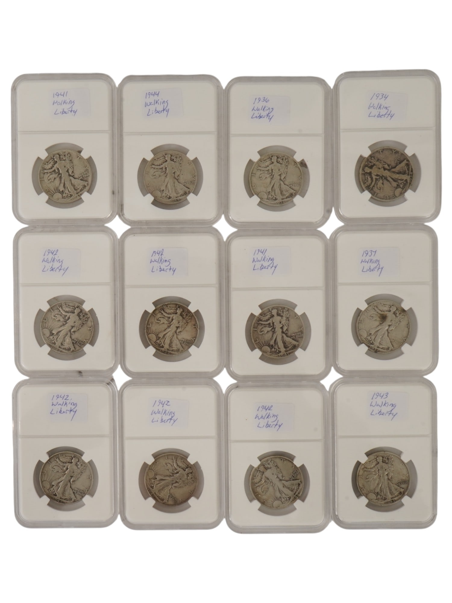 VTG AMERICAN SILVER WALKING LIBERTY HALF DOLLAR COINS: A collection of Walking Liberty Half Dollar coins, the iconic U.S. 50-cent series struck from 1916 to 1947 and composed of 90% silver and 10% copper, each containing 0.36169 troy oz of pure silver. De