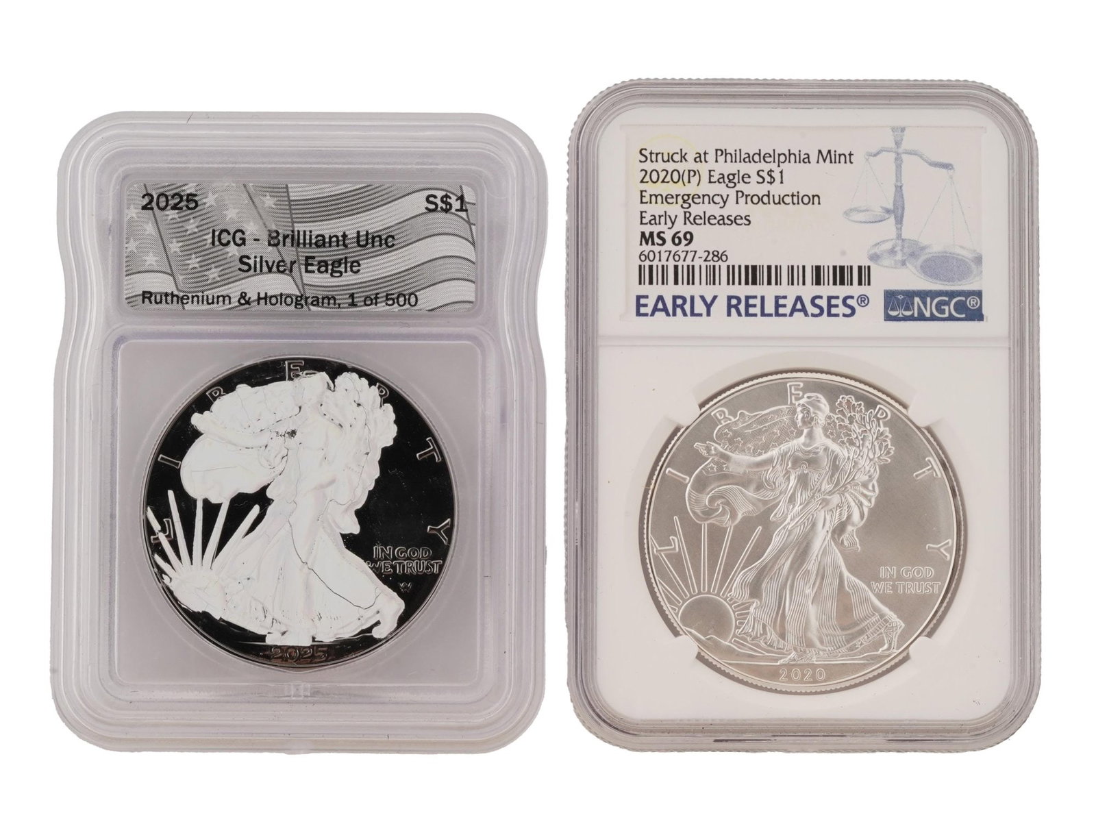 LOT OF AMERICAN SILVER EAGLE COINS GRADED BY ICG NGC: A lot of two different American Silver Eagle coins. The first: 2025 Silver Eagle, certified Brilliant Uncirculated Brilliant Unc graded by the ICG, features ruthenium and a hologram, and is limited to