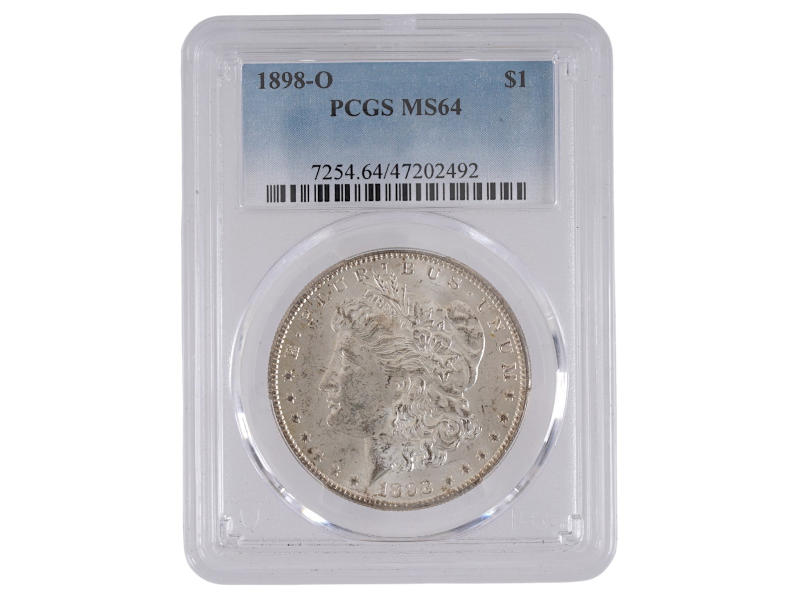 ANTIQUE 1898 AMERICAN MORGAN GRADED SILVER DOLLAR: An antique American 1898 silver Morgan dollar that has been professionally graded and encapsulated by the PCGS Guaranty Company. Certification Number: 7254. 64 47202492. Features Lady Liberty on the o