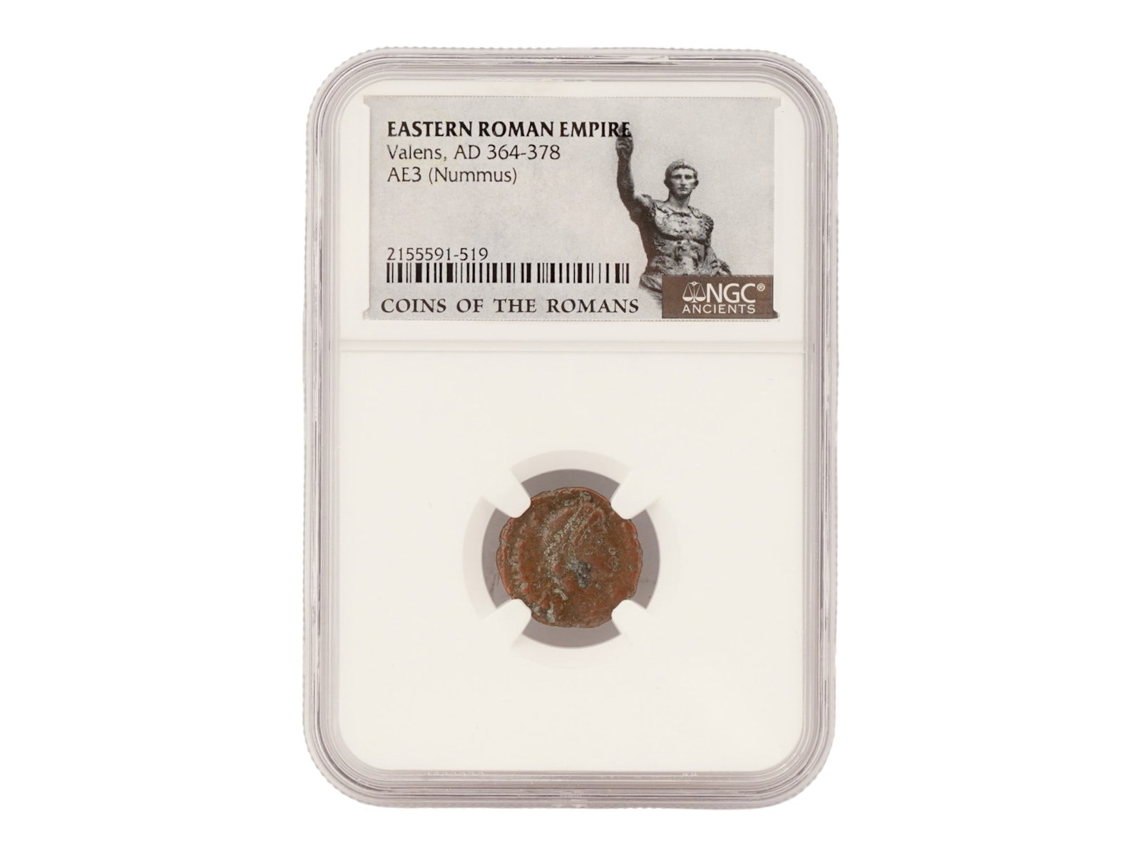 ANCIENT EASTERN ROMAN EMPIRE BRONZE NUMMUS GRADED COIN: An Ancient Roman bronze Nummus coin. Imperial era, Rule of Valens, 364 to 378 AD. Laureate head turned right on the obverse. Emperor walking right, head left, in military attire, holding labarum with